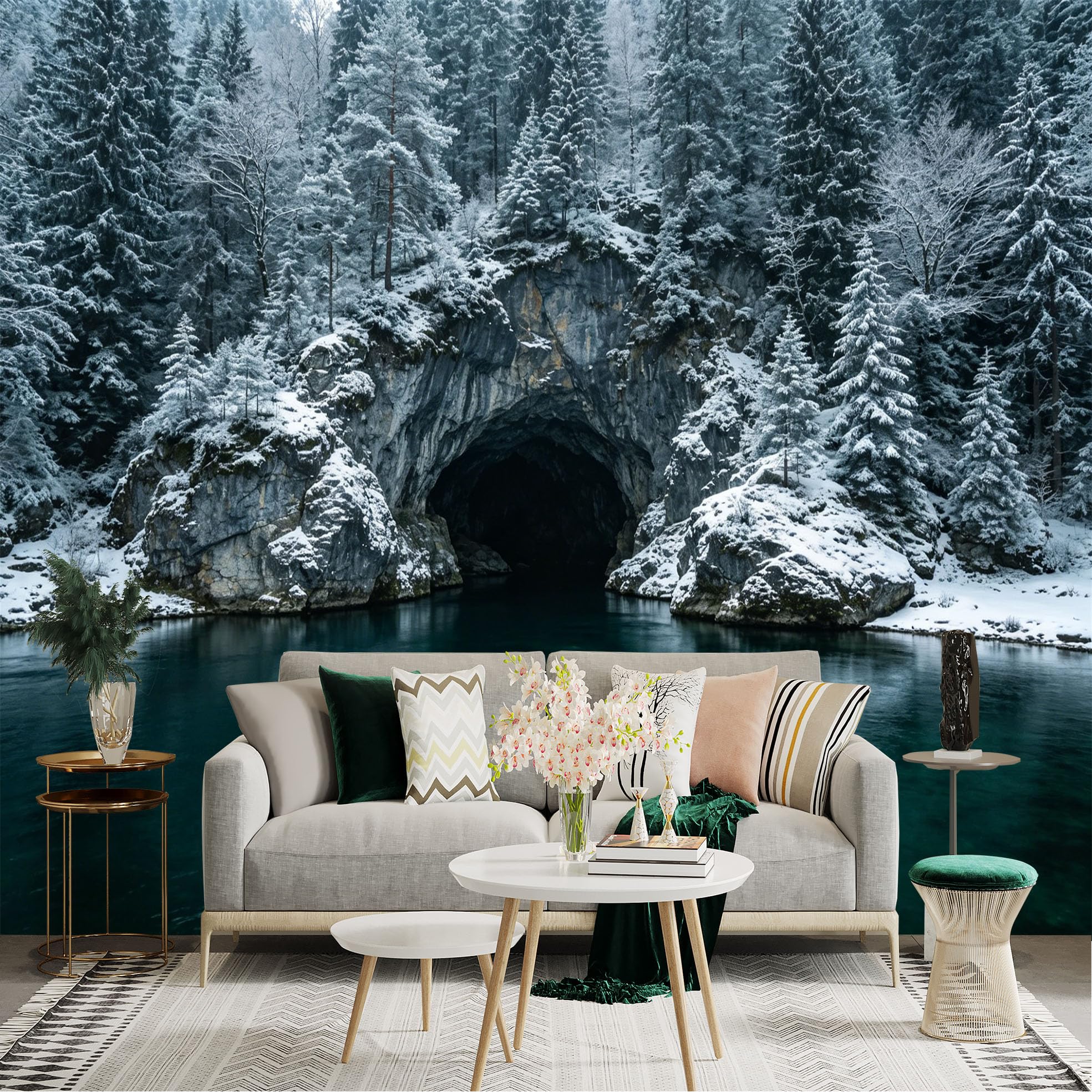 Lnzczhyre Dbh260521537 Custom Size Wall Sticker Mural， Snowy Forest Mountain Cave， Tranquil Dark Water Lake， Winter Scenery Landscape， For Wall Decoration， Peelandstick Wall Decals.