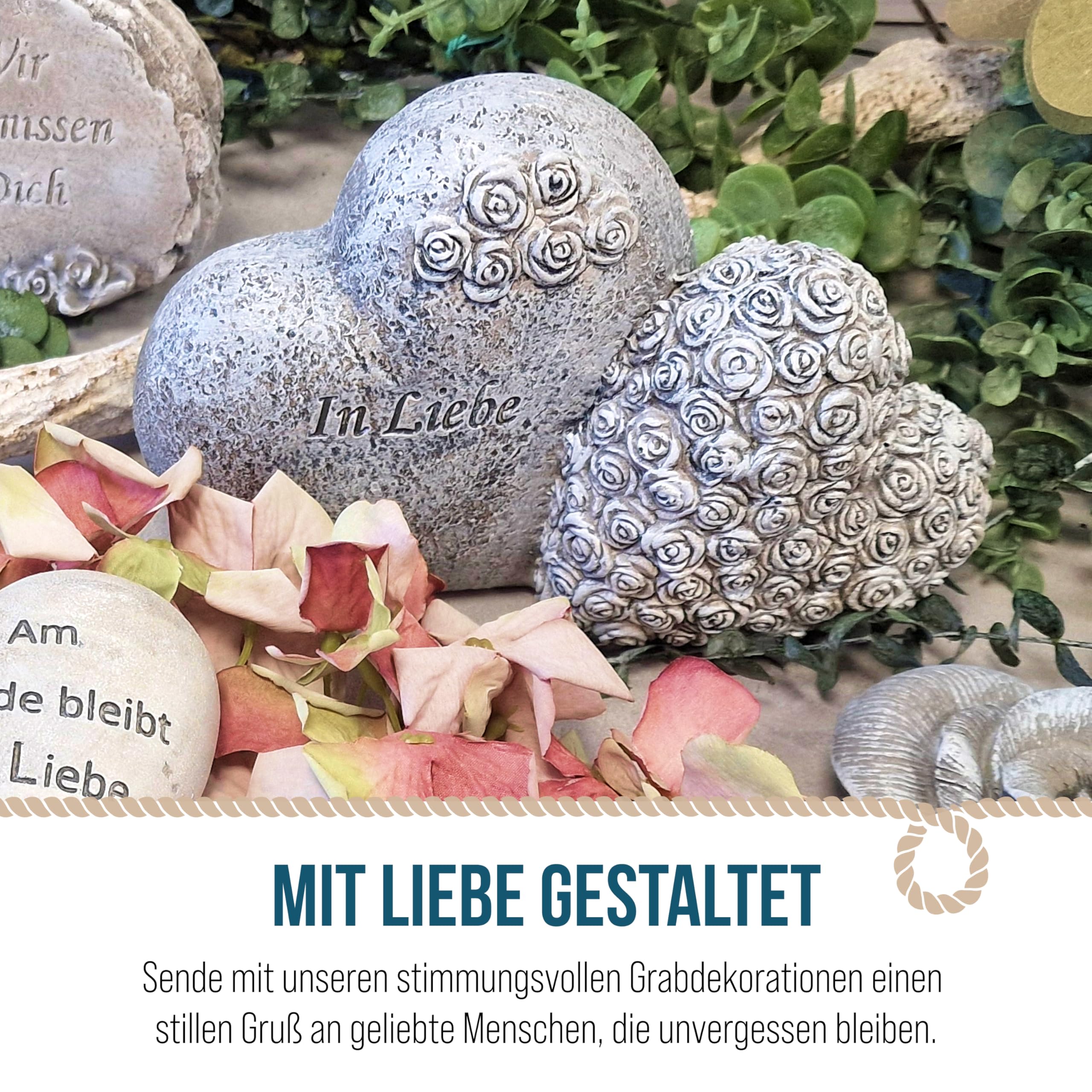 Grabdeko verbundene Herzen: Grabschmuck Wetterfest, Trauerherz mit Rosen & Inschrift, Deko Friedhof, Grab & Urnengrab, Gedenkstein Rose, Dekoration Trauer, Allerheiligen & Totensonntag, 20 x 8 x 13 cm