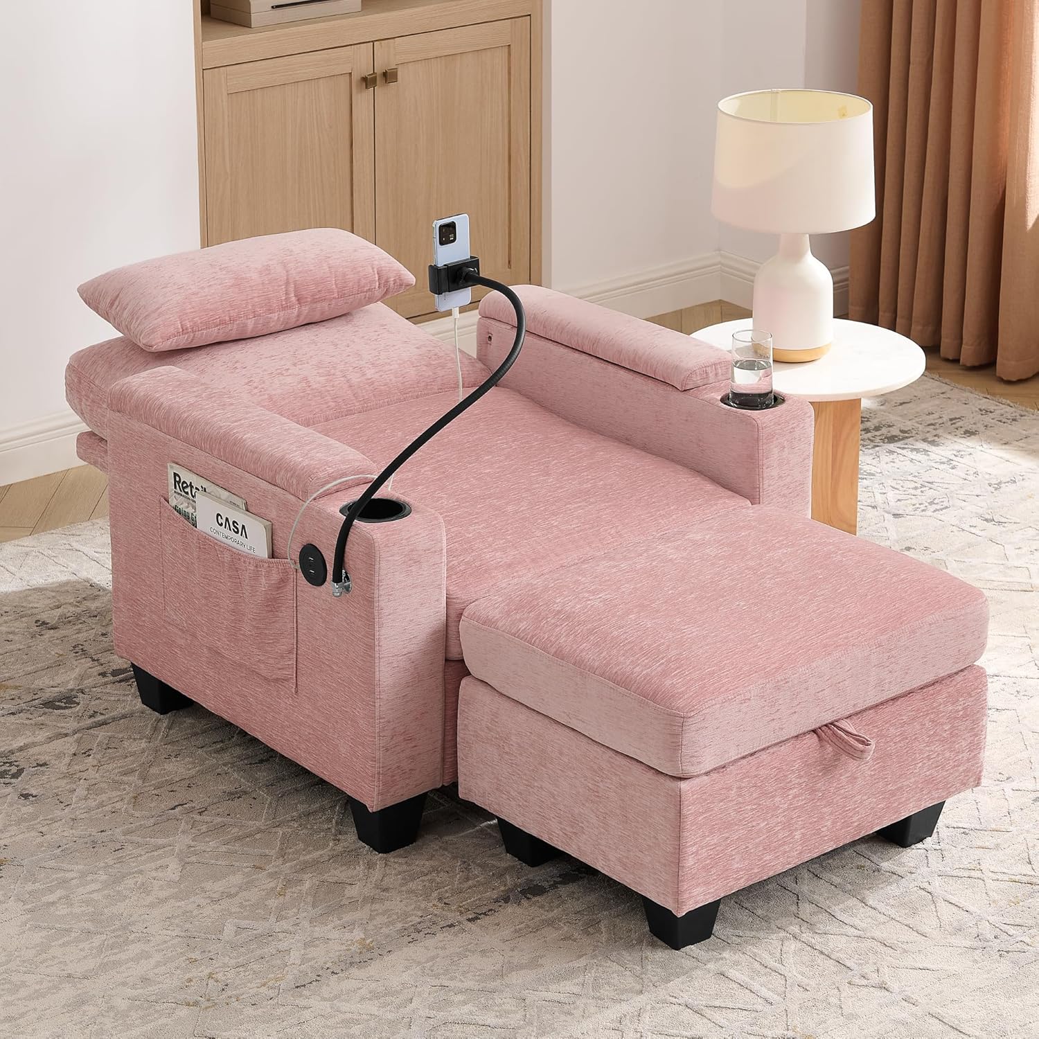 ERYE Accent Chair and Storage Ottoman Set, Versatile Single Chaise Lounge Convertible Sleeper Bed W/Reclining Backrest,Storage Armrests,Phone Stand,Cupholders,USB-C Ports