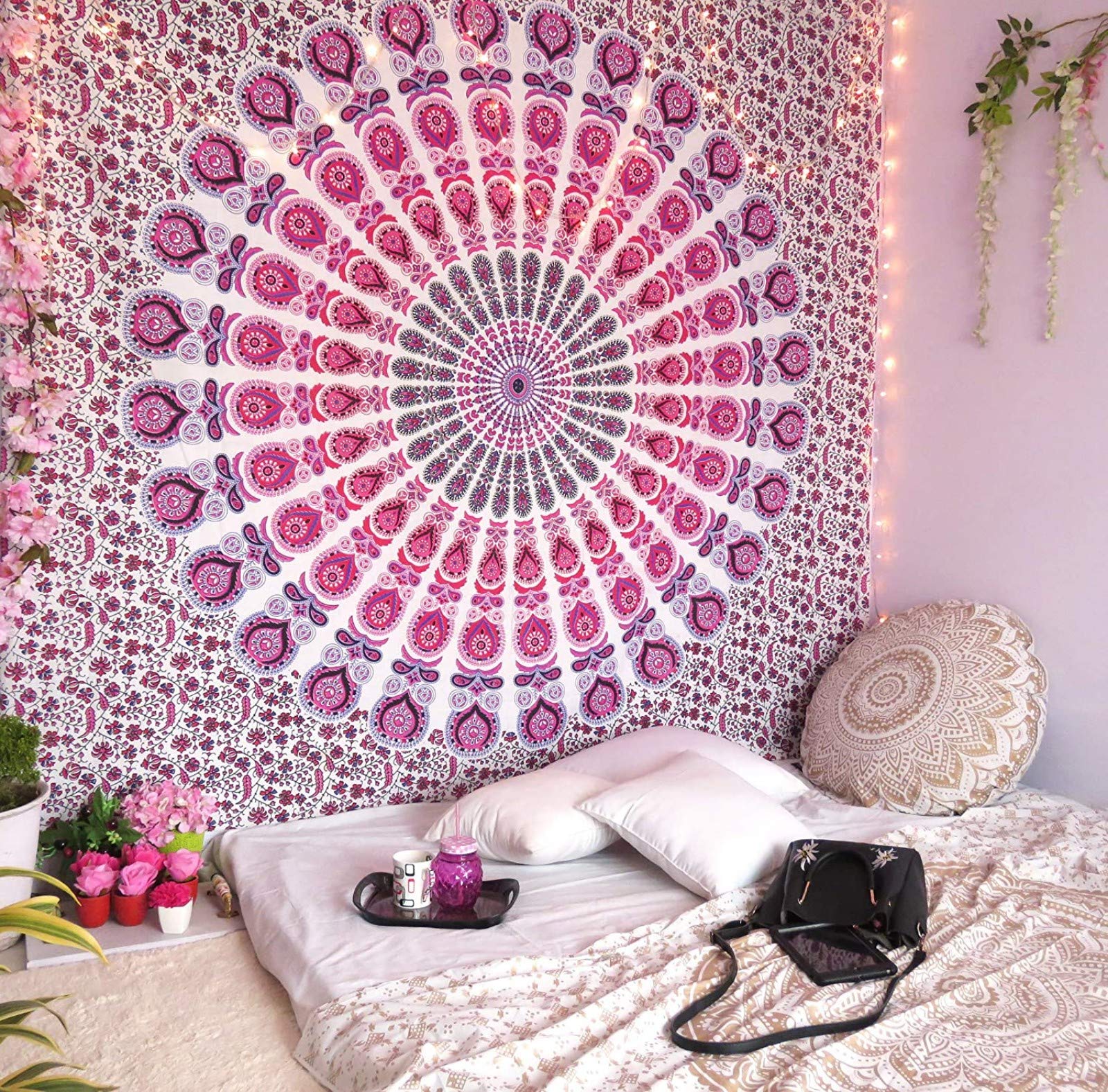 DRAVY HANDICRAFTS Tapestry Mandala Peacock Wing Tapestry Wall Hanging Bedsheet Cotton Bedsheet Wall Tapestry Bed Cover Wall Hanging Tapestry (Pink, Twin (84X54 Inches)) (B08L15G4ZW) Amazon Price History, Amazon Price Tracker