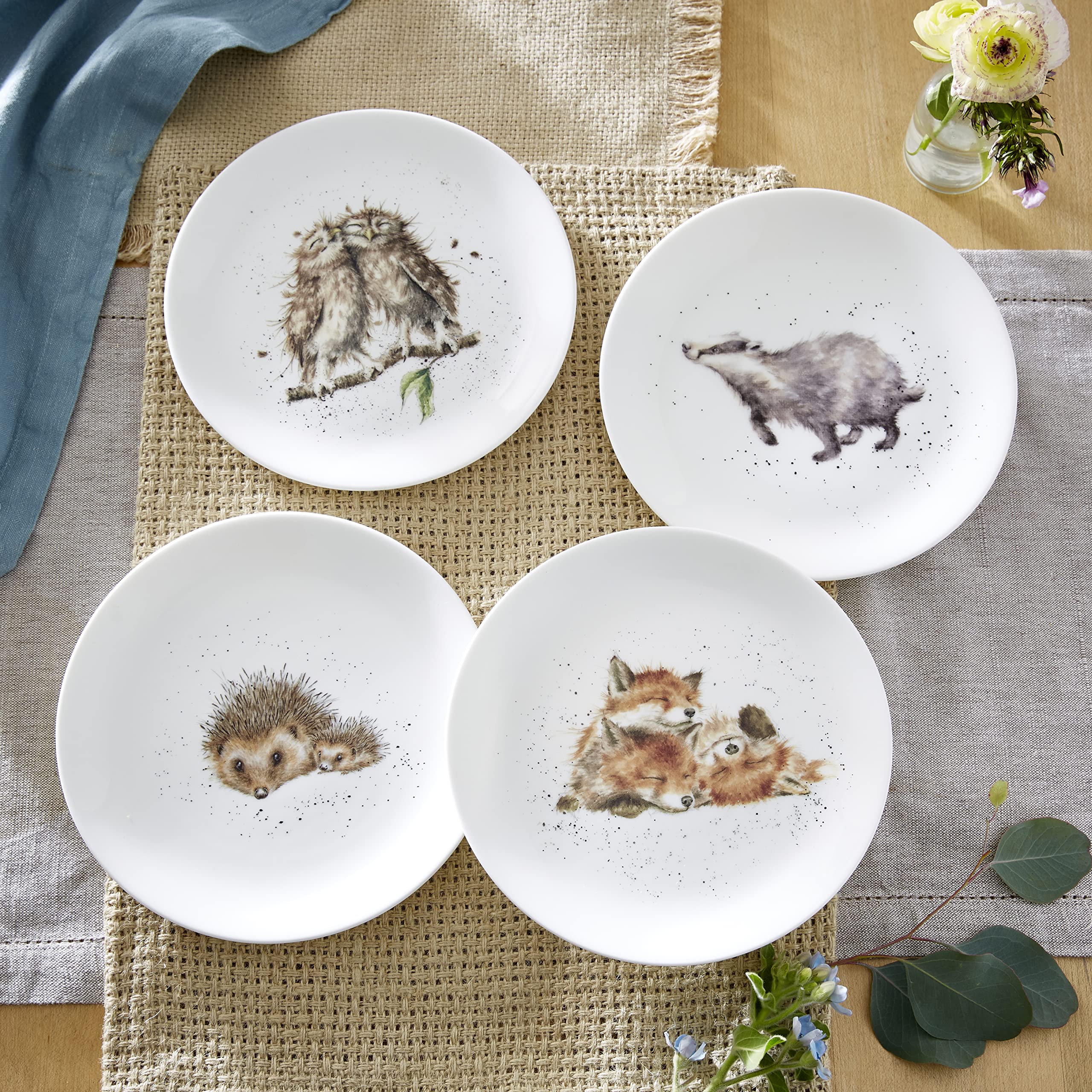 Wrendale Designs Royal Worcester - Set di 4 piatti in ceramica in due misure per riccio e gufo (20 cm)