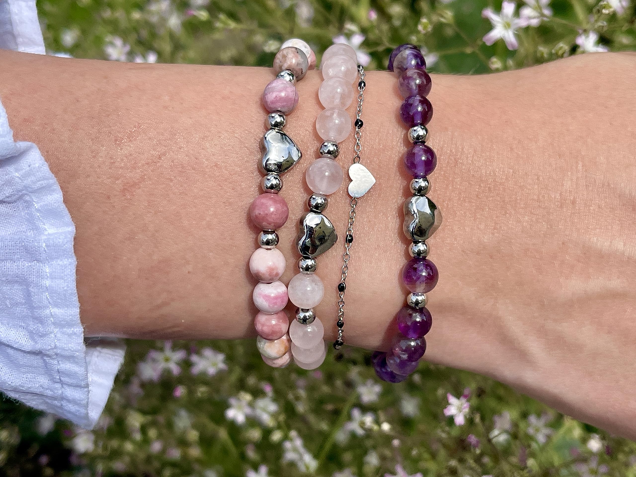 Rhodonit Armband Perlen echt 6mm Herz Edelstahl Silber Gold Roségold oder Ionisiert - Handmade Perlenarmband Verzeihen Begeisterung Optimismus - Spiritueller Schmuck Damen Mädchen