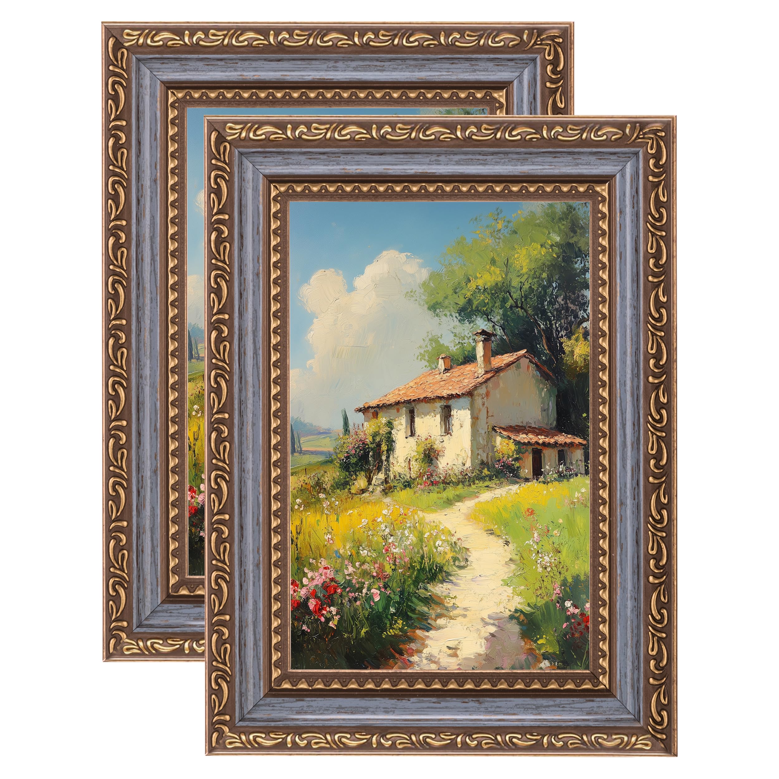 eletecpro 4x6 Vintage Picture Frame, Glass Cover, Blue Gold, 2-Pack