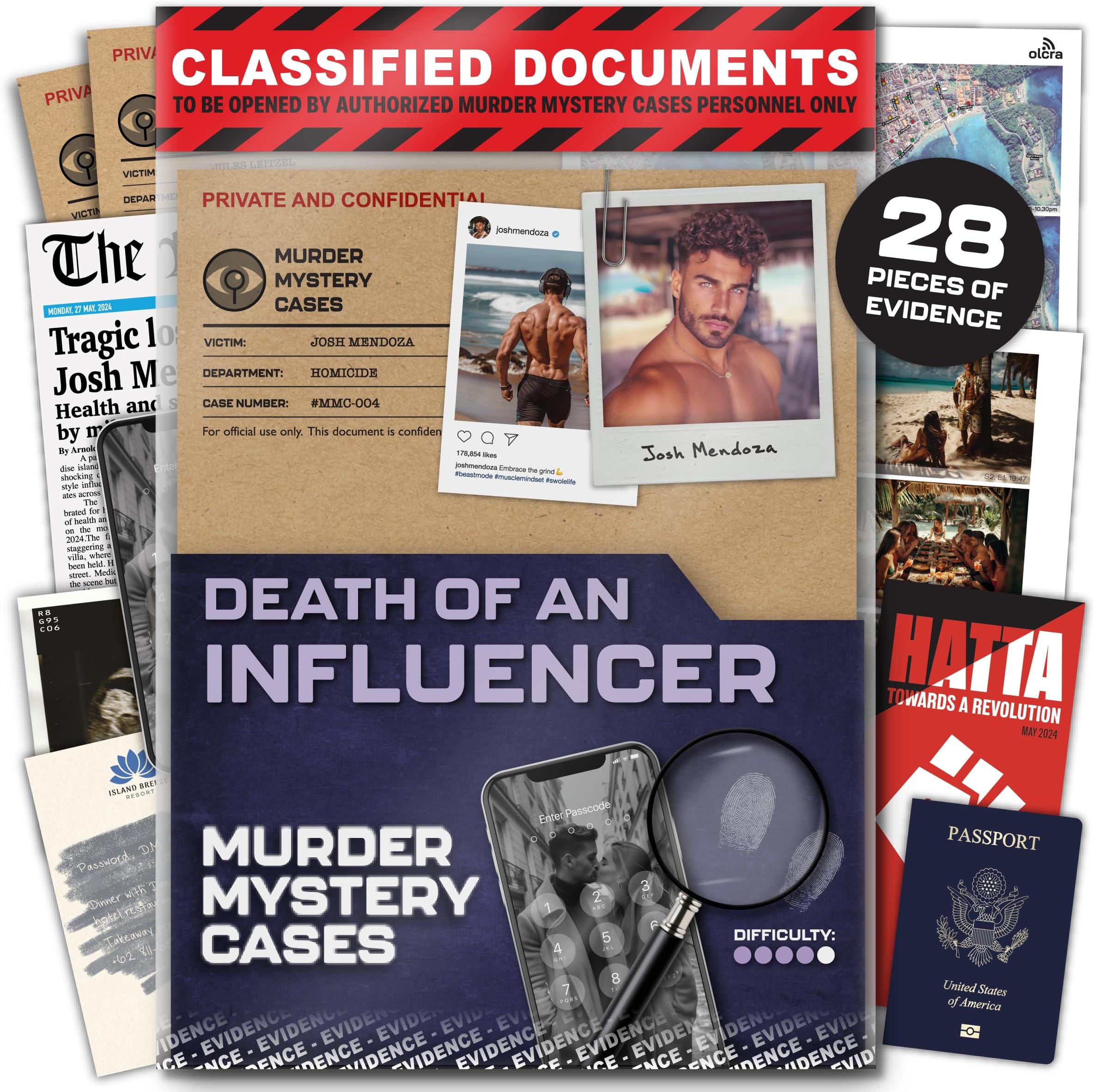 MMC Death of an Influencer – Thrilling Murder Mystery Games for Adults in Bali Paradise – 28 Realistic Evidence Pieces, 150 Min Gameplay (3.5/5 Difficulty) – Cold Case Files Game for 1-10 Players