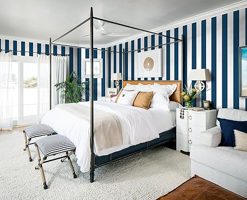 Miniatura 10 de Guvana Papel de contacto a rayas azules y blancas de 118 x 17.7 pulgadas, papel tapiz autoadhesivo extraíble, papel tapiz moderno para decoración de