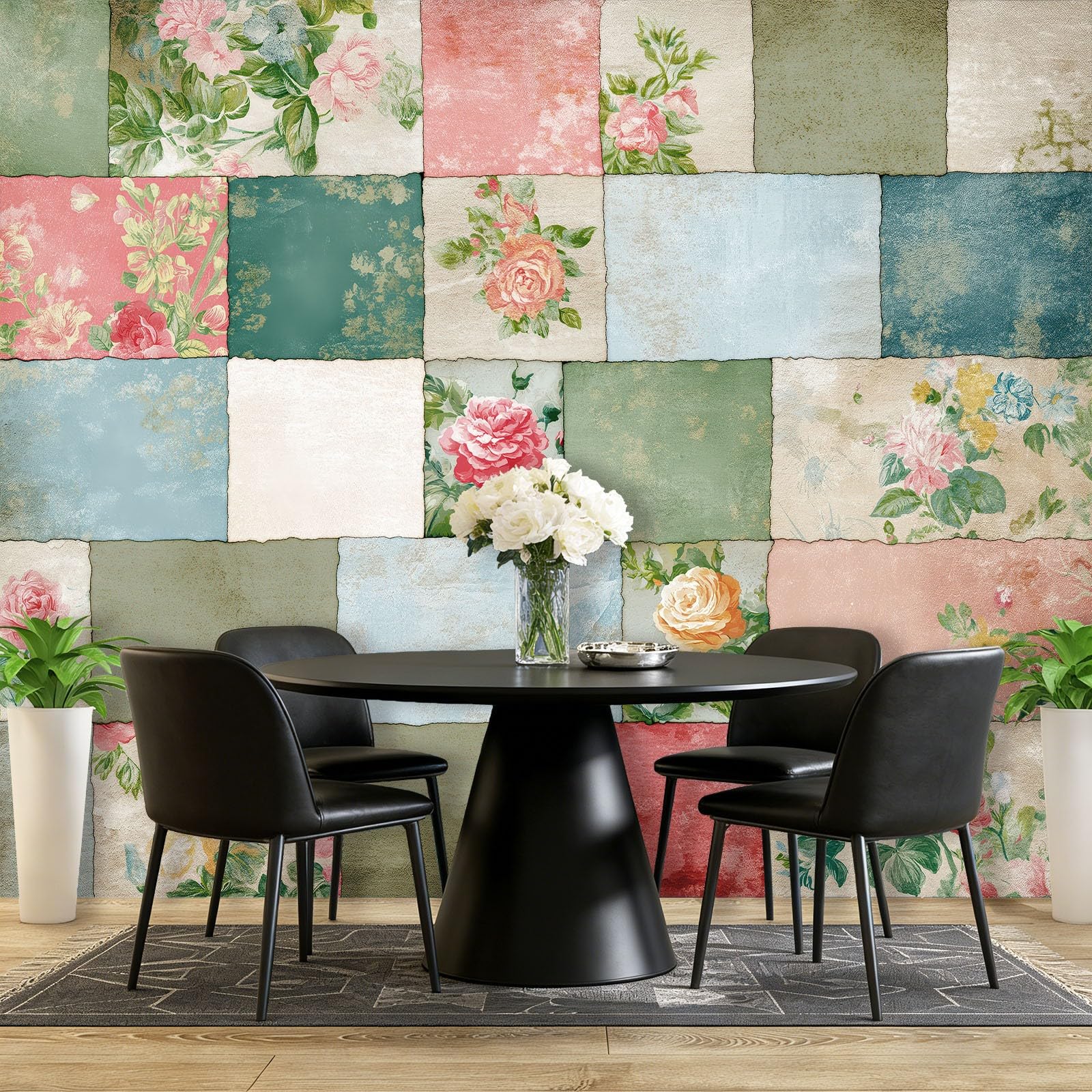 Tapeta fototapeta retro, wiejski wzór kwiatowy, patchwork, tapeta ścienna, salon, sypialnia, biuro, korytarz, kolorowa tapeta na fizelinie, tapeta ścienna, dekoracja ścienna, 350 x 256 cm