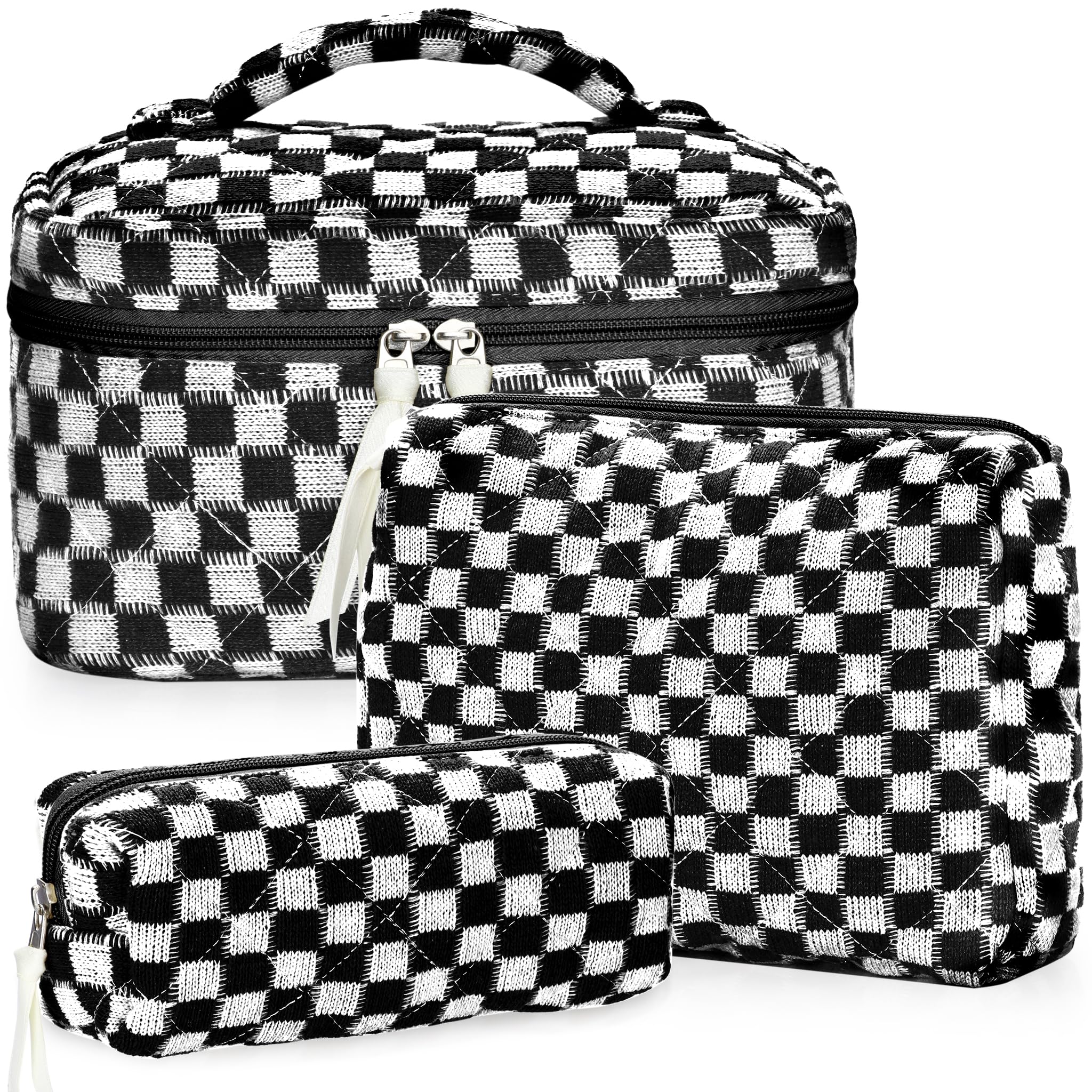 BuyCard Quilted Makeup Bag Set, 3Pcs Large Checkered Corduroy Cosmetic Bags, CuteFloral Cotton Coquette Makeup Bag Toiletry Zipper Pouch Bag for Women