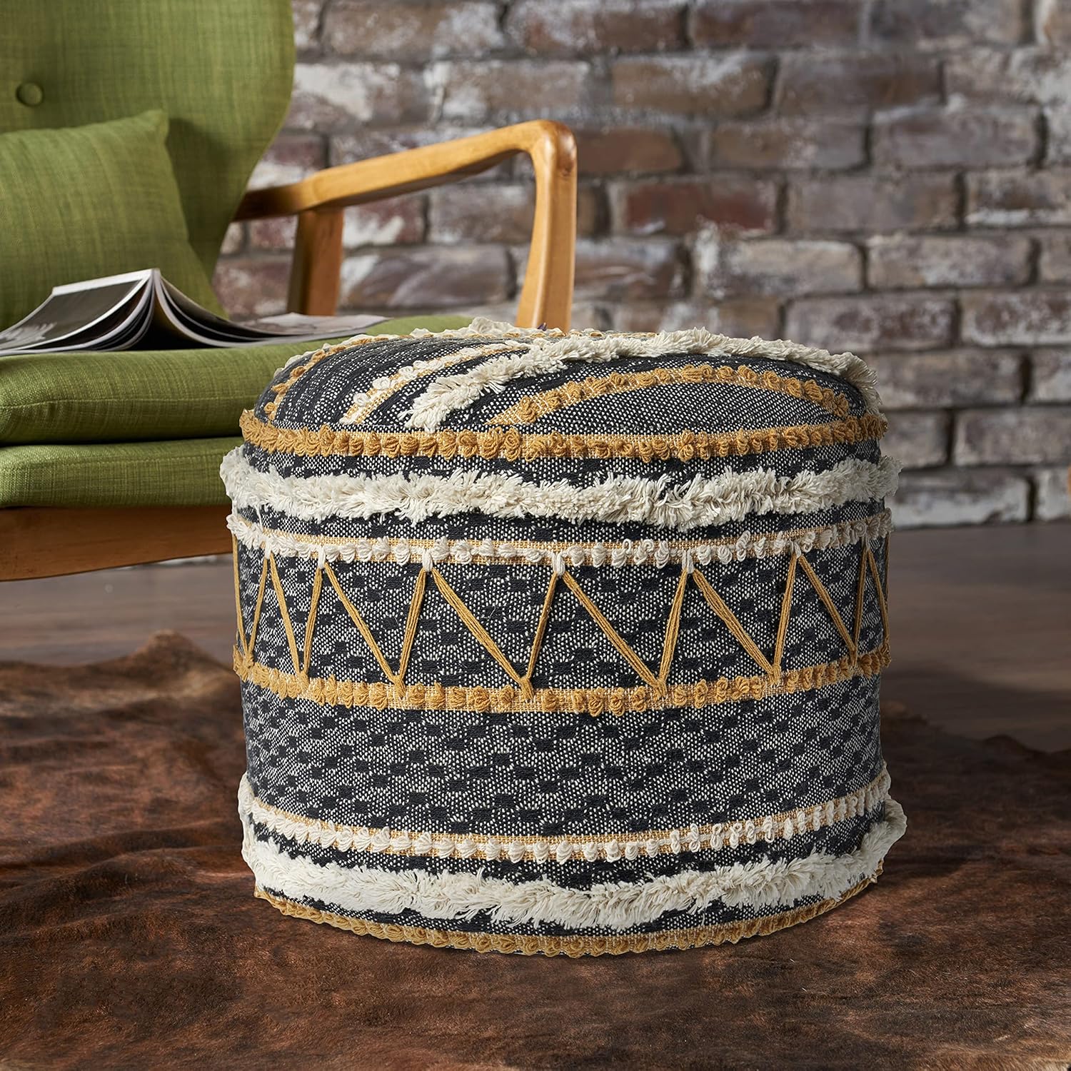 LR Home Black/Tan Coastal Striped Hand-Woven Cotton Ottoman Pouf, 18" D x 14" H