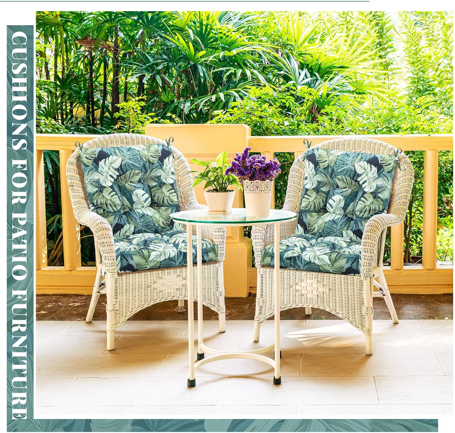Marsui 4 Pcs Outdoor Indoor High Back Chair Cushions Patio Furniture Tufted Pillow with Ties Water-Resistant Replacement Outdoor Rocking Chair Cushions, 42 x 21 Inches (Green,Leaves)