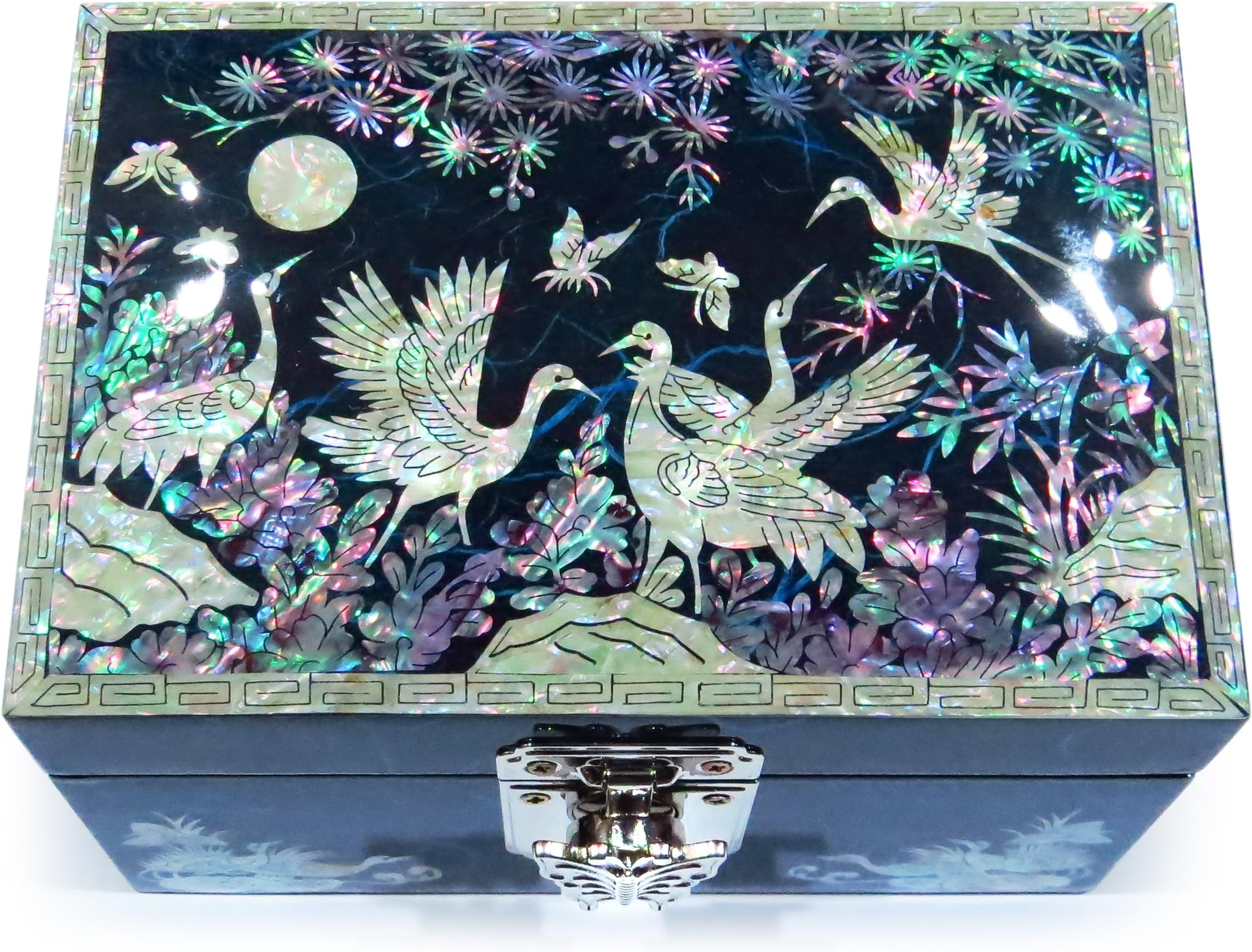 MADDesign Mother of Pearl Lacquered Jewelry Box Ring Tray Cranes Blue