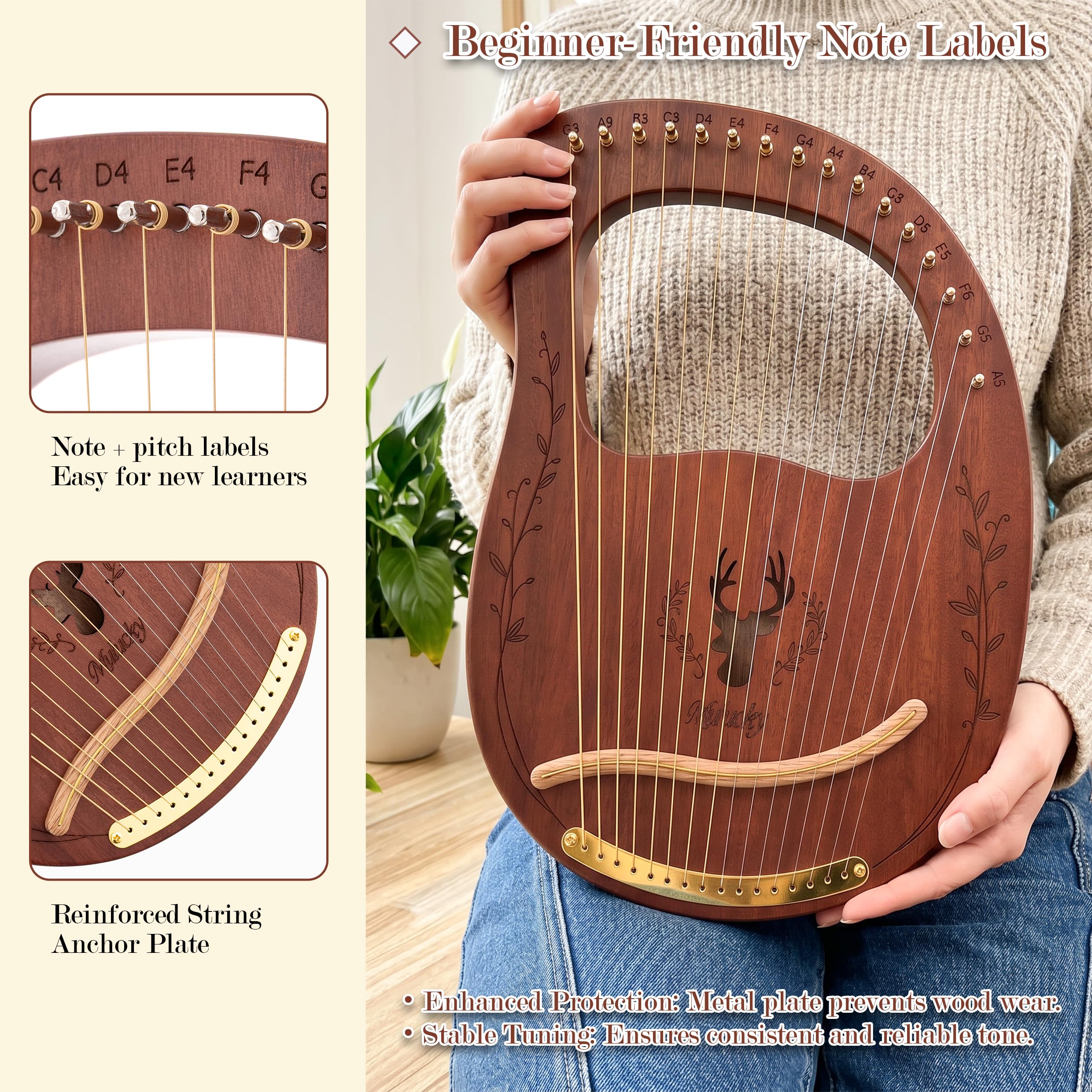 Mulucky Arpa a 16 corde, in mogano, kit di strumenti musicali a corda con custodia per chiavi di accordatura, corde extra per principianti