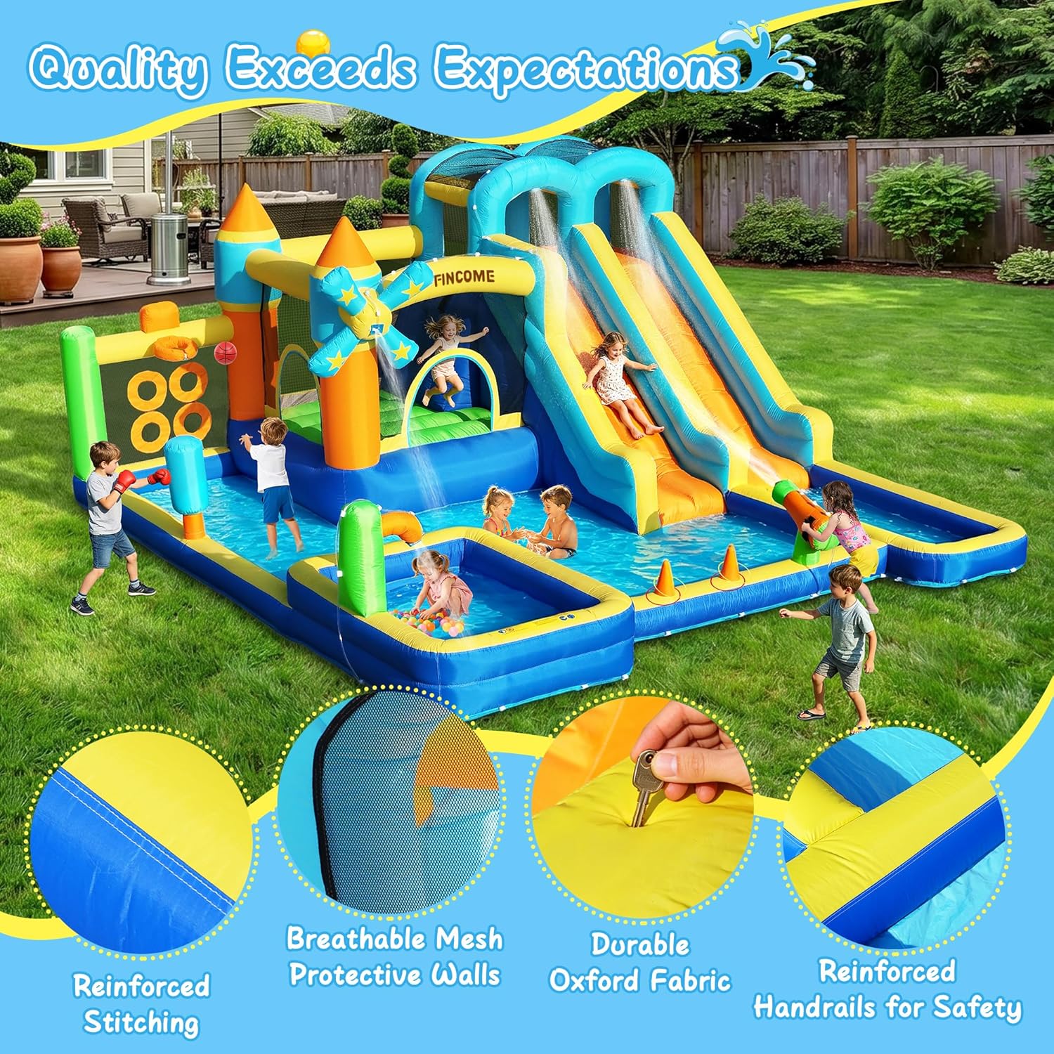 Bounce House, Inflatable Dual Water Slide, 10 in 1 Inflatable Bounce House for Kids Backyard Water Park with 750W Blower, Climbing Wall, Water Gun, Sprinkler, Outdoor Bouncy Castle Slide