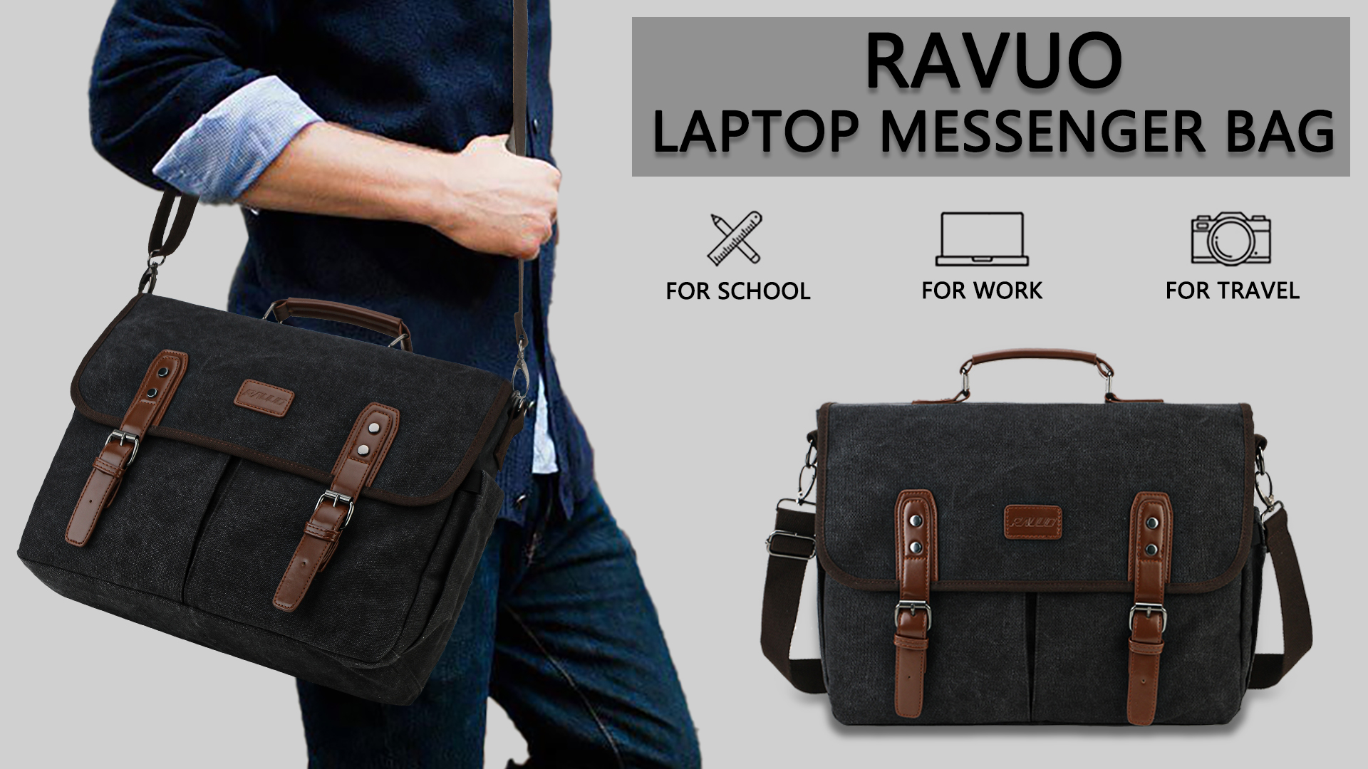 Bolso mensajero RAVUO para hombre negro 15.6 pulgadas miniatura 7