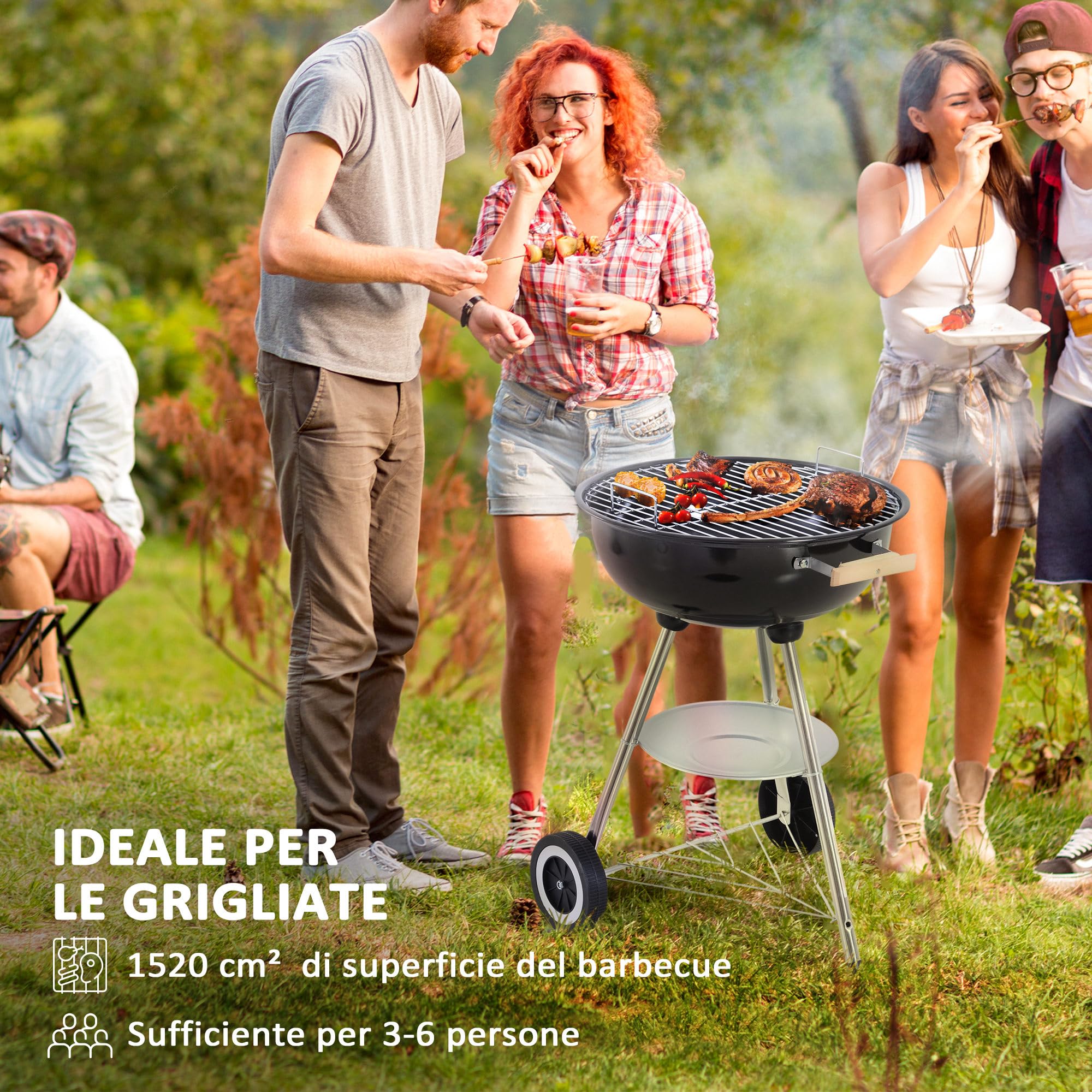 Outsunny Barbecue a Carbonella con Griglia in Metallo, Barbecue da Giardino con Coperchio, Prese d'Aria, Ruote, Raccogli Cenere, Ripiano e Maniglia in Legno, 48x56x94 cm, Nero