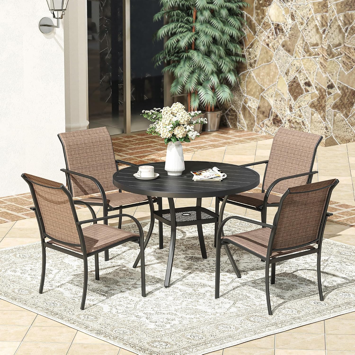VICLLAX Patio Dining Chairs Set of 4, Stackable All Weather Sling Back Outdoor Dinig Chair Set with Armrest for Poolside, Backyard, Garden, Deck, Porch, Brown