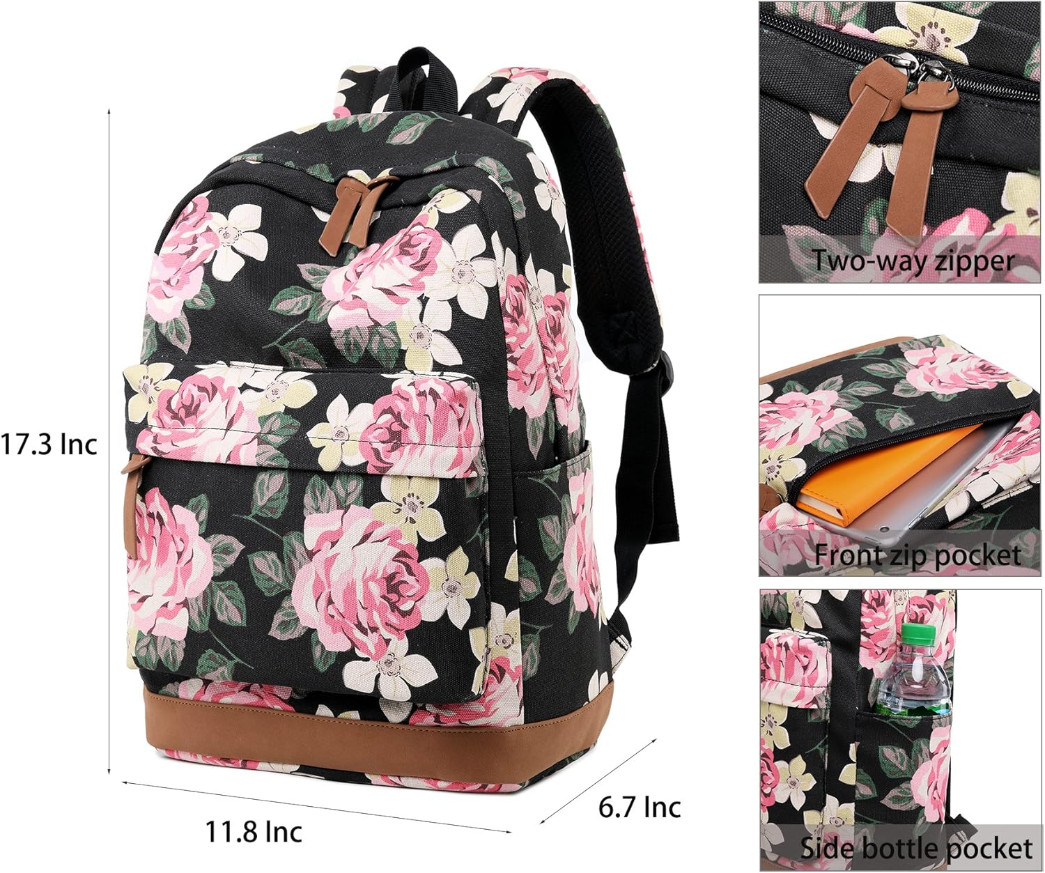 Abshoo Canvas Dot Backpack Cute Teen Girls Backpacks Set 3 Pcs School Bookbags Floral Black
