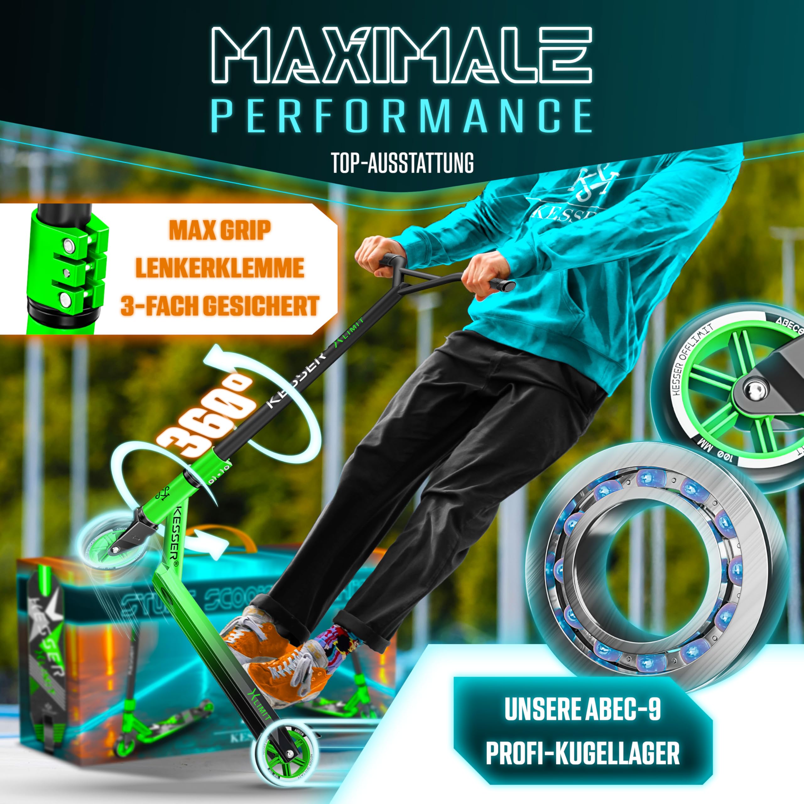 KESSER® Trottinette Freestyle | Trottinette Freestyle X-Limit | Direction à 360° | Roulements à Billes ABEC 9 de 100 mm | Roues en polyuréthane | Robuste | Vert