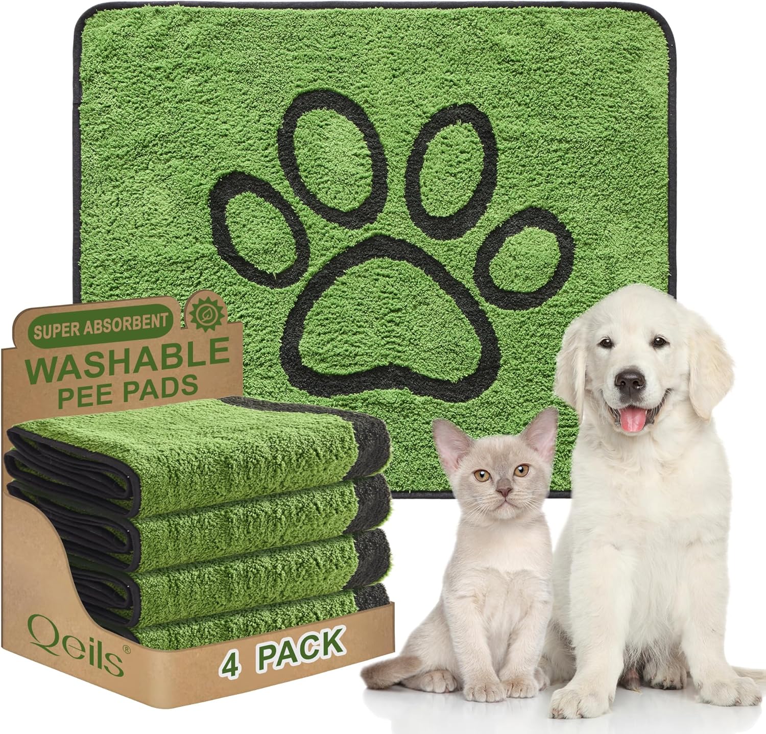 Qeils Washable Pee Pads for Dogs, 4 Pack Super Absorbent Reusable Puppy Pads with Green Long Wool for Potty Training, Floor, Couch, Bed, and Crate,30"x 34" Flannel 30"x34"(pack of 4)