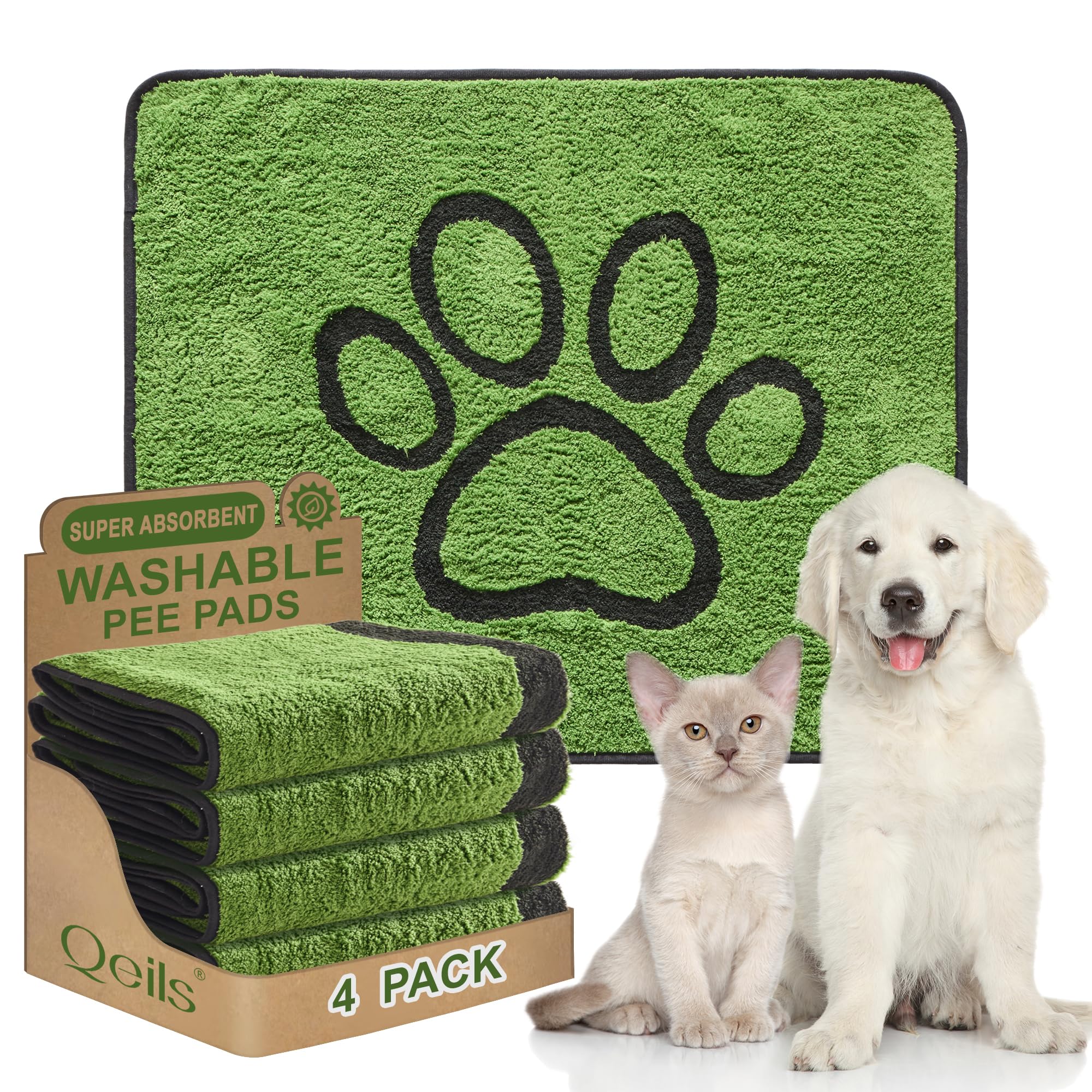 Photo 1 of Qeils Reusable Dog Pee Pads, 4 Pack Super Absorbent & Leakproof Washable Puppy Pads with Soft Green Top Layer, for Potty Training, Crates, Couch, Car Seats & Pet Beds, 30"x 34"