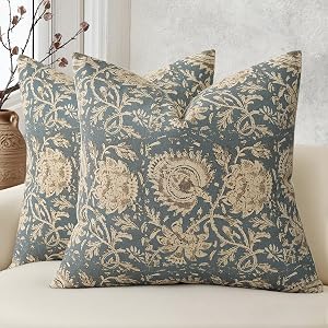 Vintage Floral Print Throw Pillow Covers 18x18 Set of 2 Neutral Modern Farmhouse Pillowcases Accent Decorative Cushion Covers Boho Home Decor for Couch Sofa Chair Bed Living Room, Dusty Blue