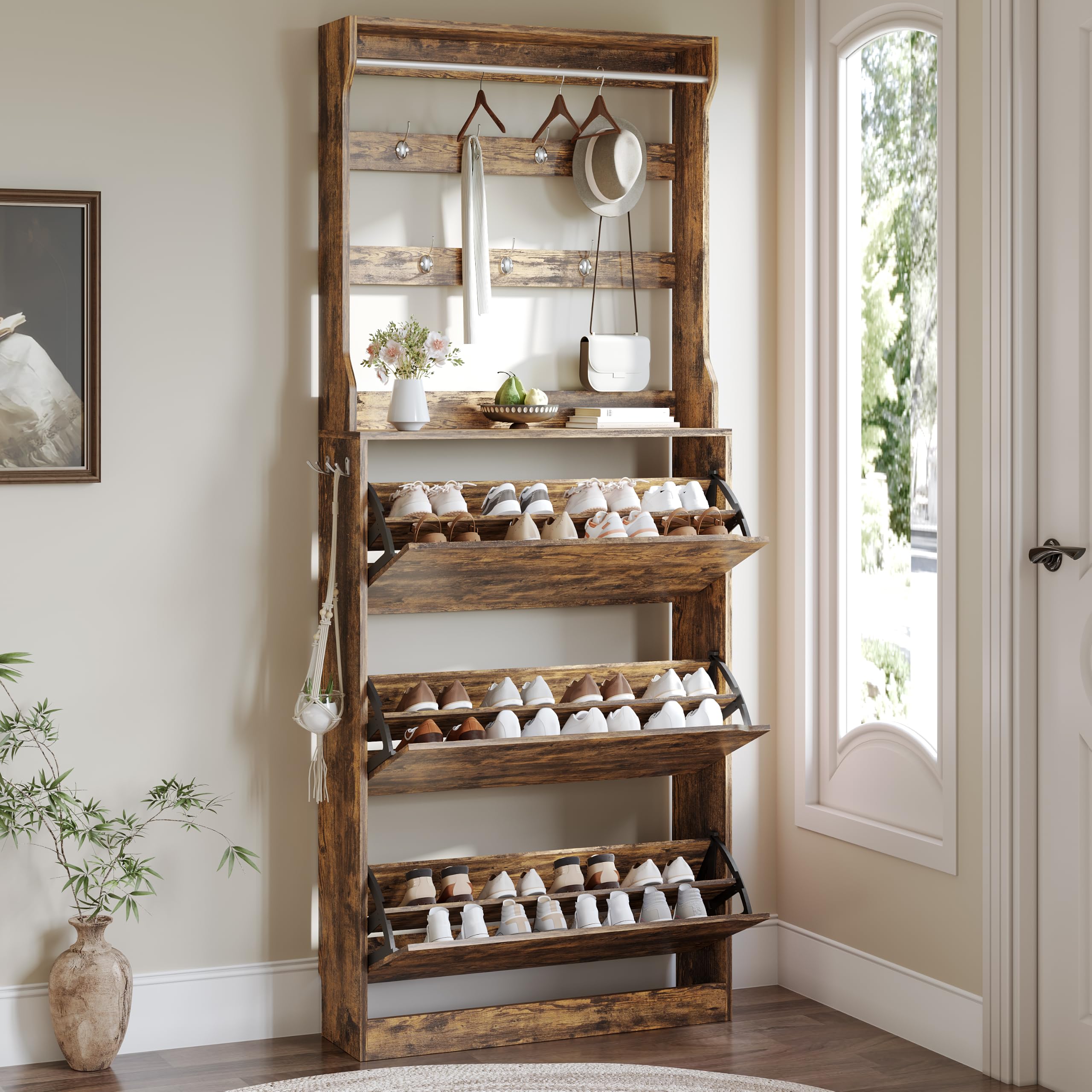 Shoe Cabinet for Entryway with 3 Flip Drawers, Brown Tall Wood Shoe Storage Cabinet with Coat Rack, Narrow Hidden Slim Freestanding Shoe Rack Organizer, 2 in 1 Hall Tree for Living Room, Hallway