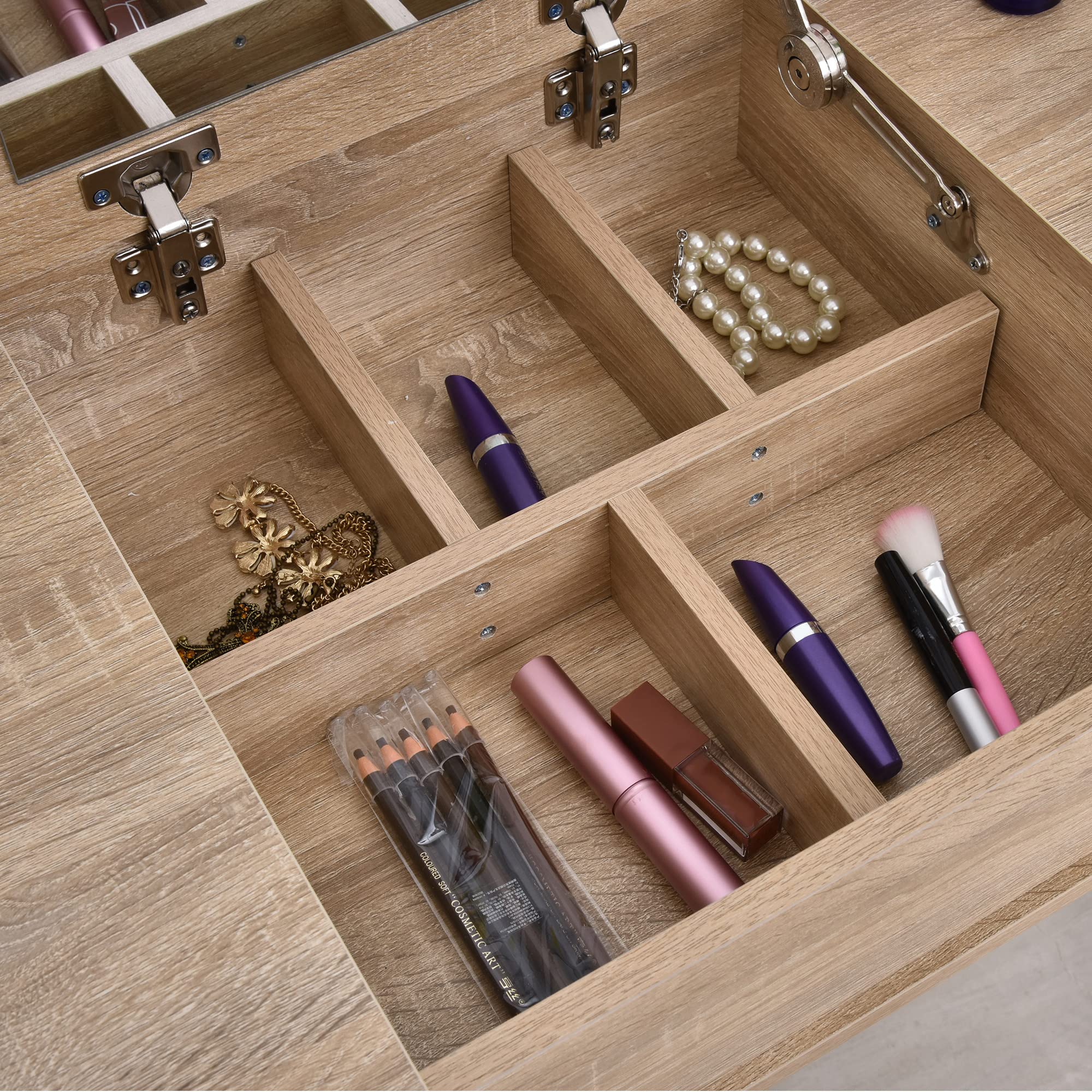 HOMCOM Postazione Trucco Moderno con Specchio Estraibile Color Legno | Toeletta Trucco, Organizer Gioielli, 2 Cassetti, Sgabello