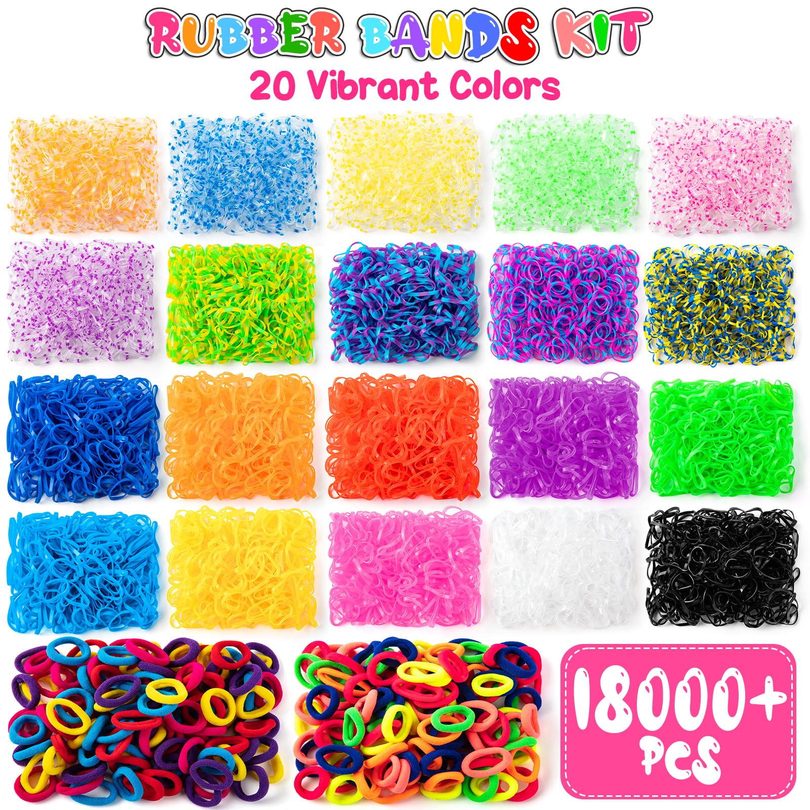 SLEMAKO 18000+ Elastici Per Braccialetti, 20 Colorati Gomma Kit Per Fare Braccialetti Kit Con Perline, Fai Da Te Bambina Elastici Di Gomma Bracciale Giochi Natale Regalo Per Bambini Ragazza Ragazzi