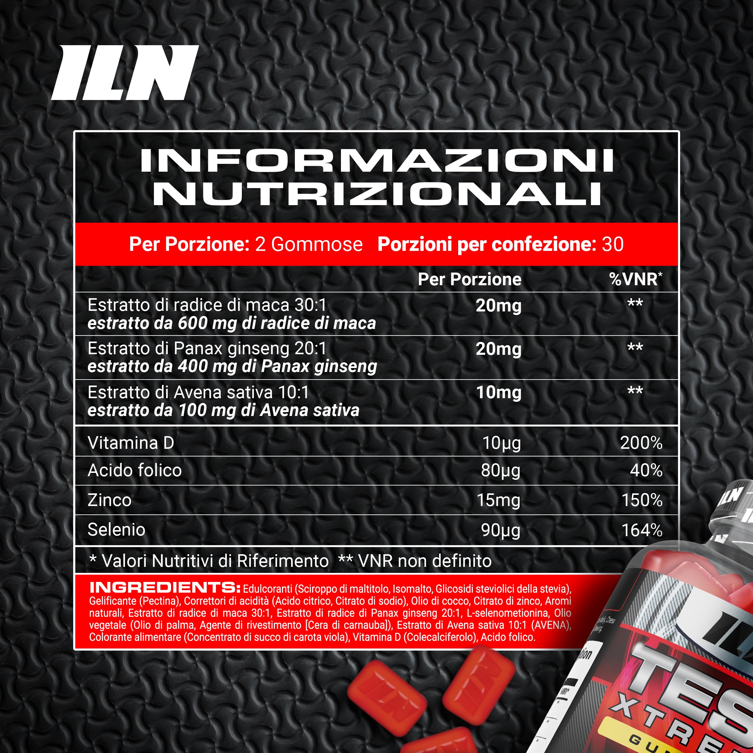 Test Xtreme Gommose Uomo - Maca 30:1, Ginseng, Zinco - Senza Zuccheri, Gusto Frutti di Bosco - 60 Gommose Vegane
