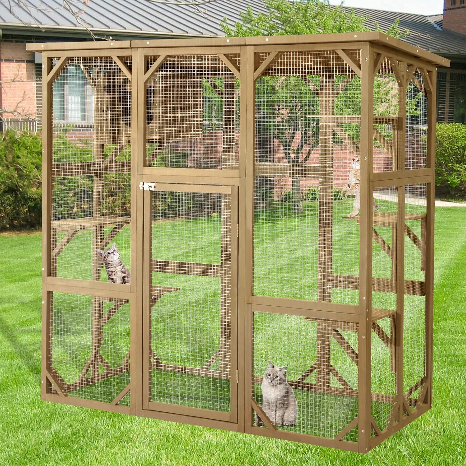 MAGIC UNION Large Fir Wooden Outdoor Indoor Catio Cat Enclosure with Weather Protection Roof with Cattery and 5 Platforms (Natural)