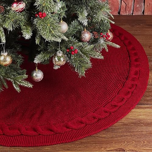 LimBridge Faldón de árbol de Navidad de punto 60 pulgadas extra grande falda de árbol rojo vino, grueso trenzado grueso rústico árbol de Navidad,