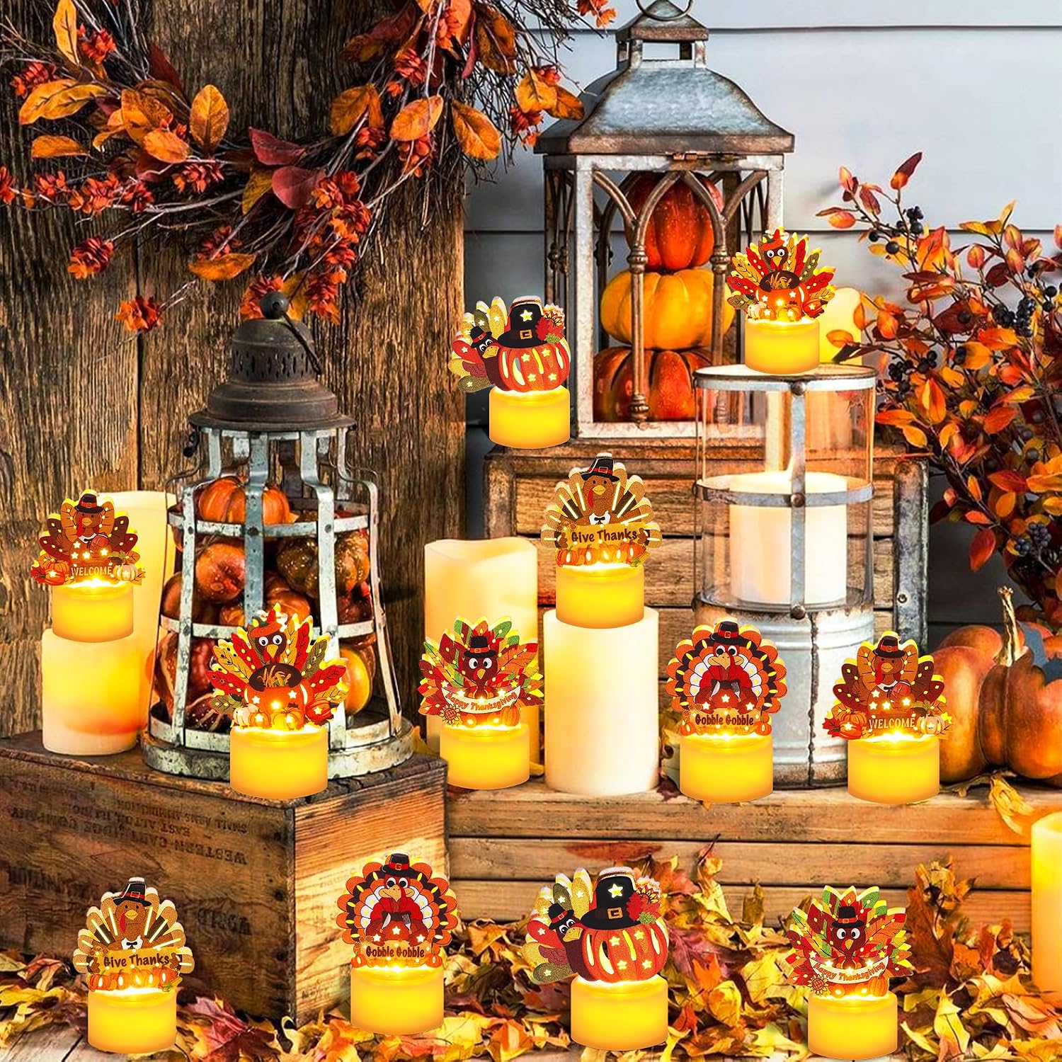 12 PCS Thanksgiving Table Decorations Turkey Tea Lights Candles, Battery Operated Thanksgiving LED Flameless Tealight Candles Thanksgiving Turkey Centerpieces Decorations for Home Indoor Kitchen Party
