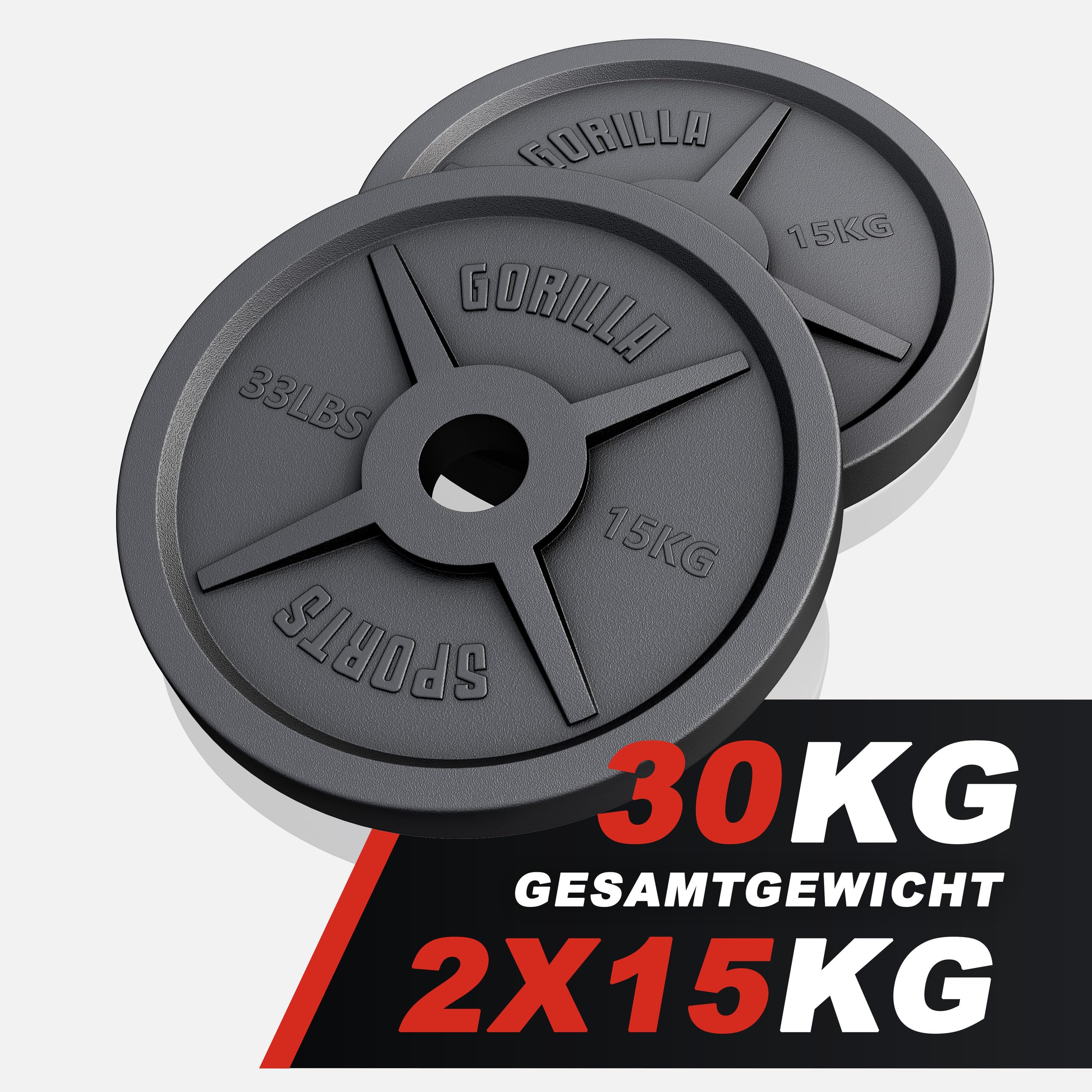 GORILLA SPORTS® Dischi Palestra - Set da 30 kg, Olimpici, Antiscivolo, Ghisa, Ø50/51mm - Pesi Bilanciere, Manubri, Bodybuilding, Peso, Olimpionici, Powerligitng, Palestra Casa, Fitness, Braccia