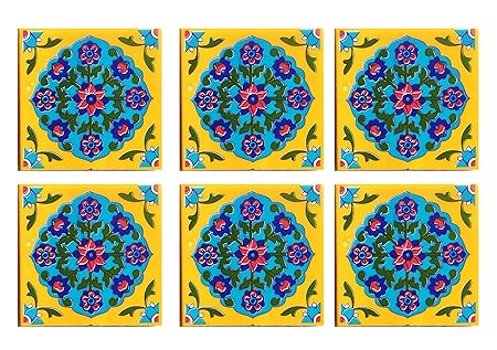 Shiv Kripa Blue Pottery Traditional Ceramic 4 x 4 inch Tiles (Pack of 6 Tiles)