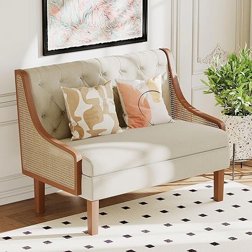 Miniatura 8 de Andeworld Banco de sofá biplaza con brazos de ratán natural, mini sofá tapizado moderno, banco de comedor de banqueta, asiento de amor para sala de