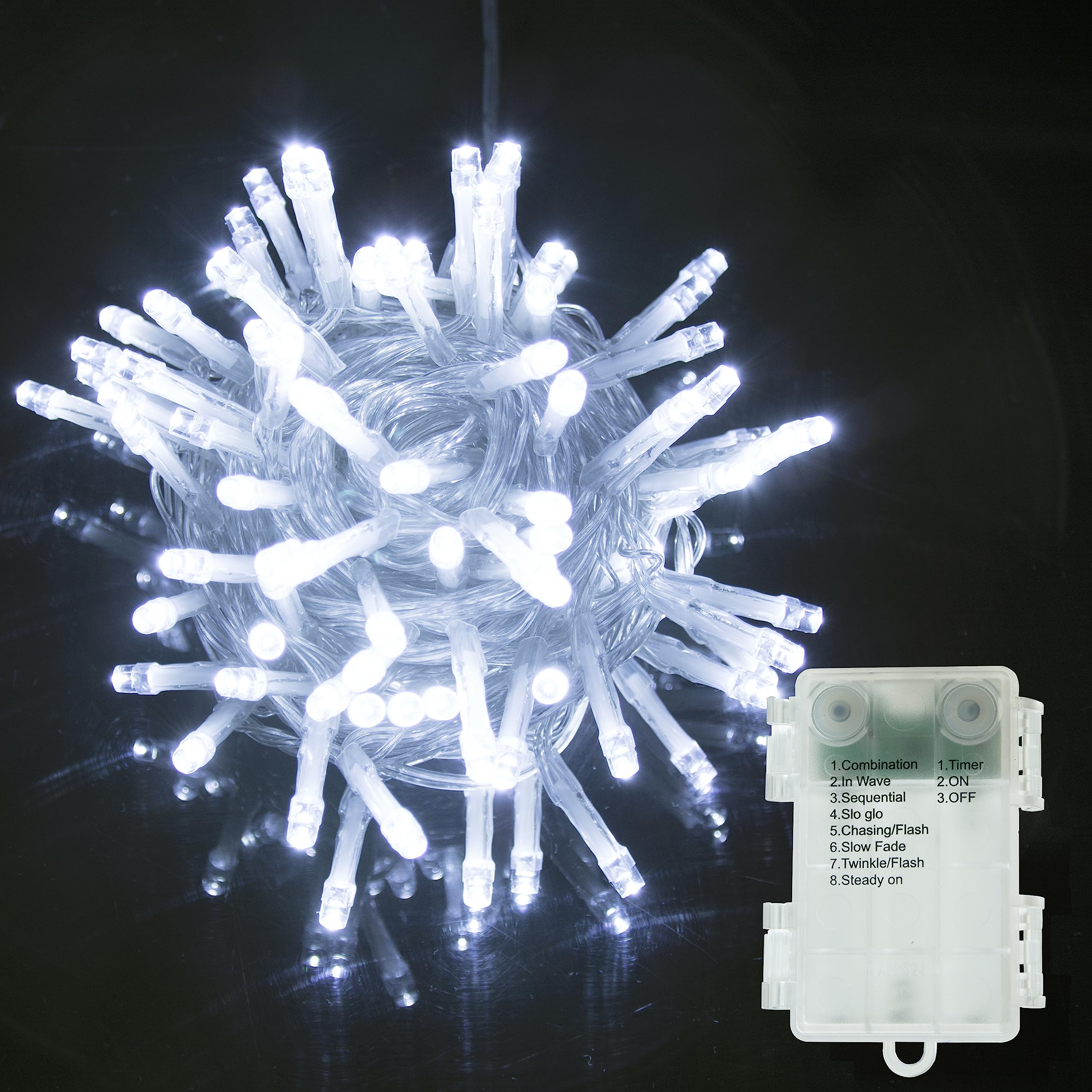 GHJ LED String Fairy Lights, Battery Operated with 8 Modes & Timer, Indoor/Outdoor for Christmas Tree Xmas Garden Party (100LEDs, White)