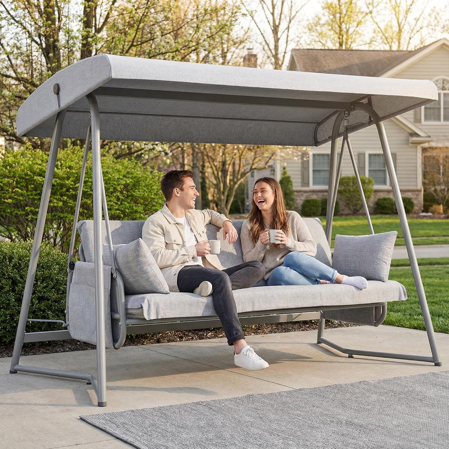 3-4 Seat Outdoor Porch Swing with Adjustable Canopy Patio Swing Bed with Stand Large Swing Glider Bench Chair Outside 800 lbs with Removable Cushions for Yard Garden Poolside Balcony (Gray)