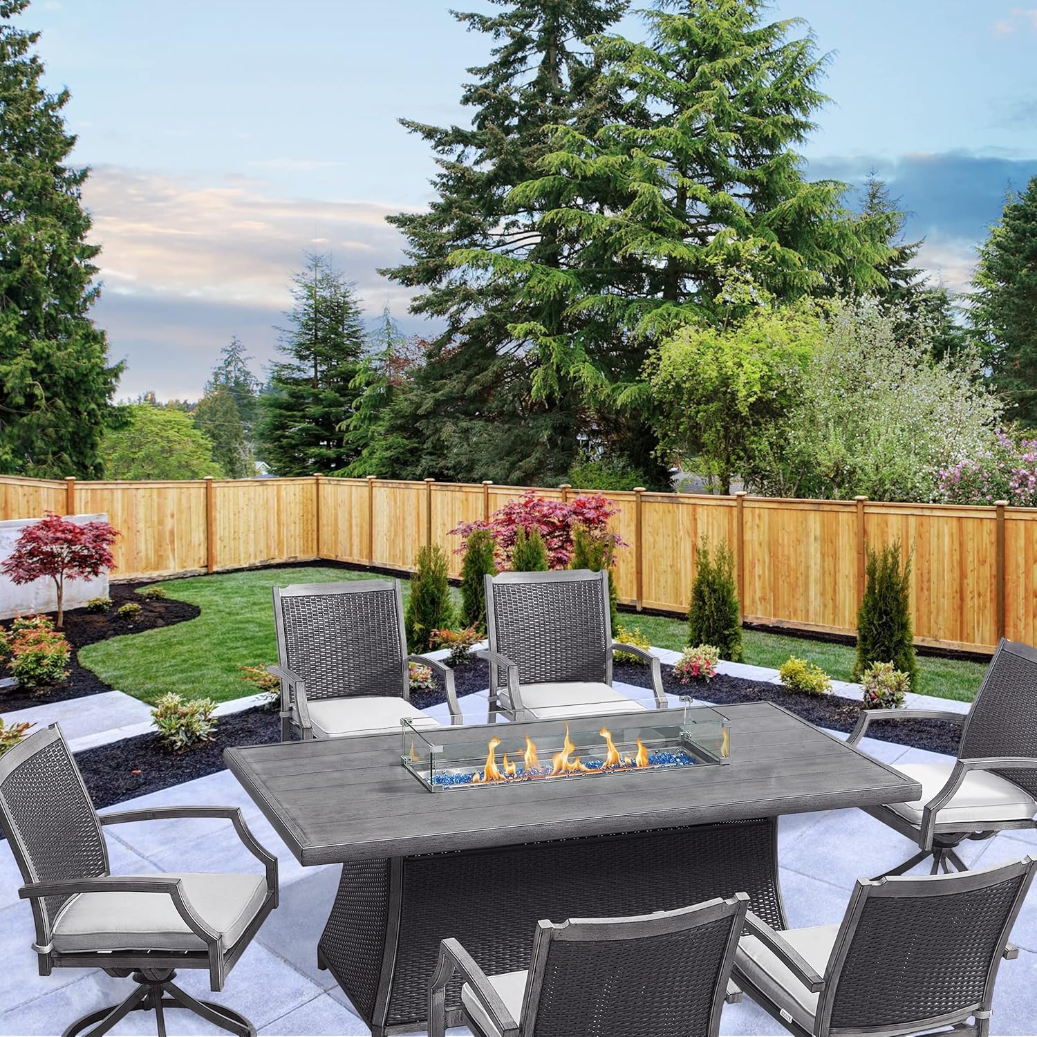 Kinger Home 7-Piece Outdoor Dining Table Set with Fire Pit, Patio Chairs Set of 6 with Cushions, 76" Propane Firepit for Outside, Ratten Wicker, Aluminum Frame : Patio, Lawn & Garden