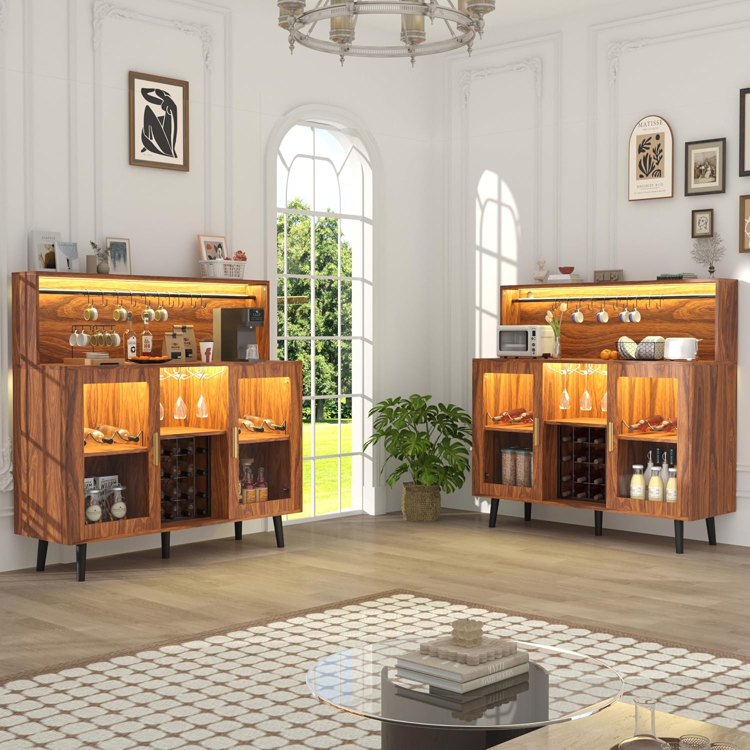 47" Wine Cabinet with LED Light, Coffee Bar with Glass Holder and Wine Rack, Buffet Sideboard with Microwave Stand and Adjustable Shelf, Liquor Cabinet for Living Room, Dining Room (Brown)