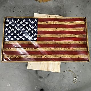 Handcrafted Wavy Wooden American Flag Wall Art – Rustic Framed USA Flag Decor – Burnt Wood Patriotic Wall Hanging – Handmade in USA – 36" x 19" Veteran Gift, Independence Day Decor
