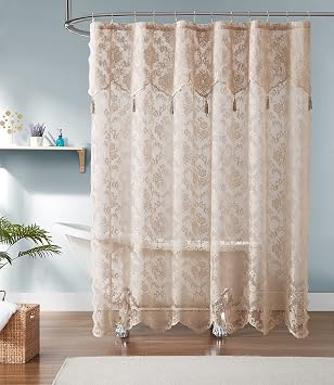 LinenZone 72" x 84" Extra Long Shower Curtain with Attached Valance. Modern Lace Fabric Shower Curtain is Great for Country or Rustic Decor. Mia Shower 72 x 84 Linen