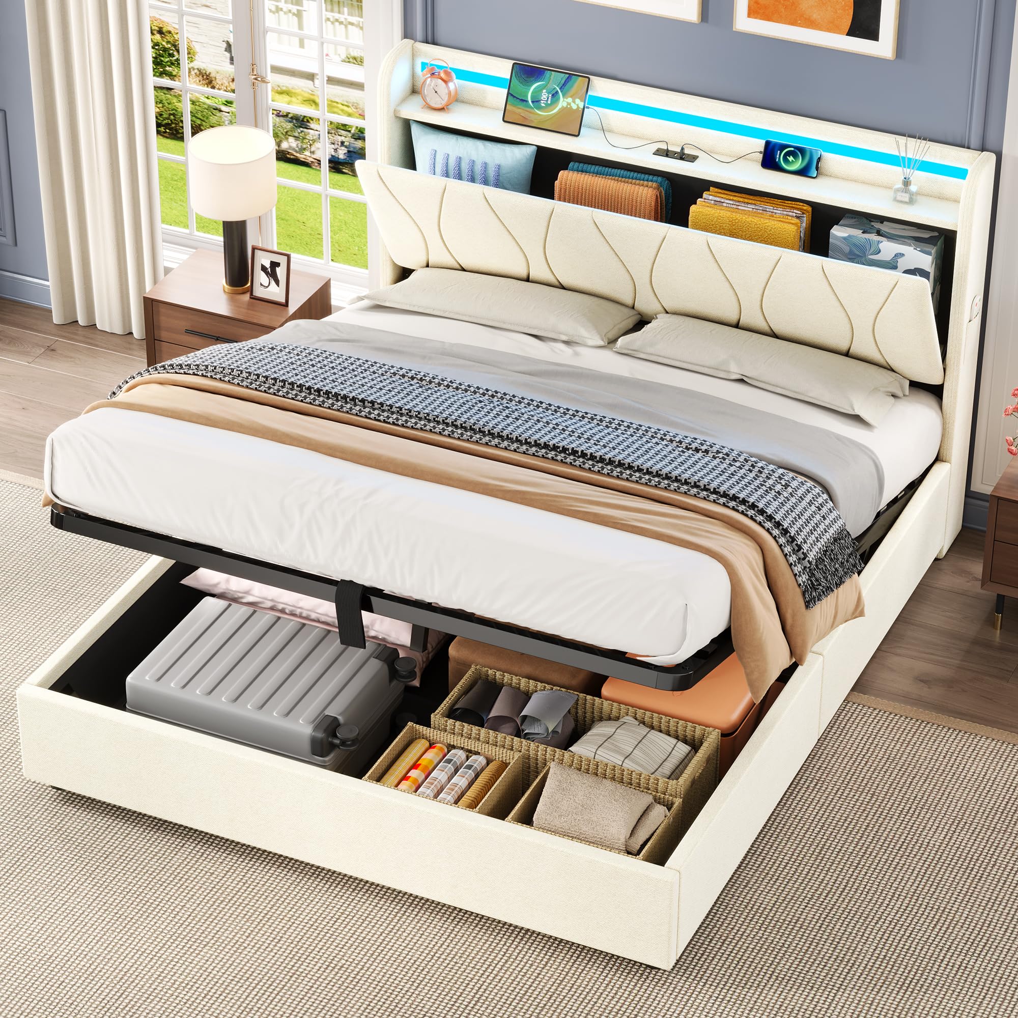RIAZOS 4ft6 Double Upholstered Bed Frame with Hydraulic Storage, LED Headboard with Charging Station and Concealed Headboard Storage, USB and Type-C Ports, No Box Spring Needed, No Mattress, Beige
