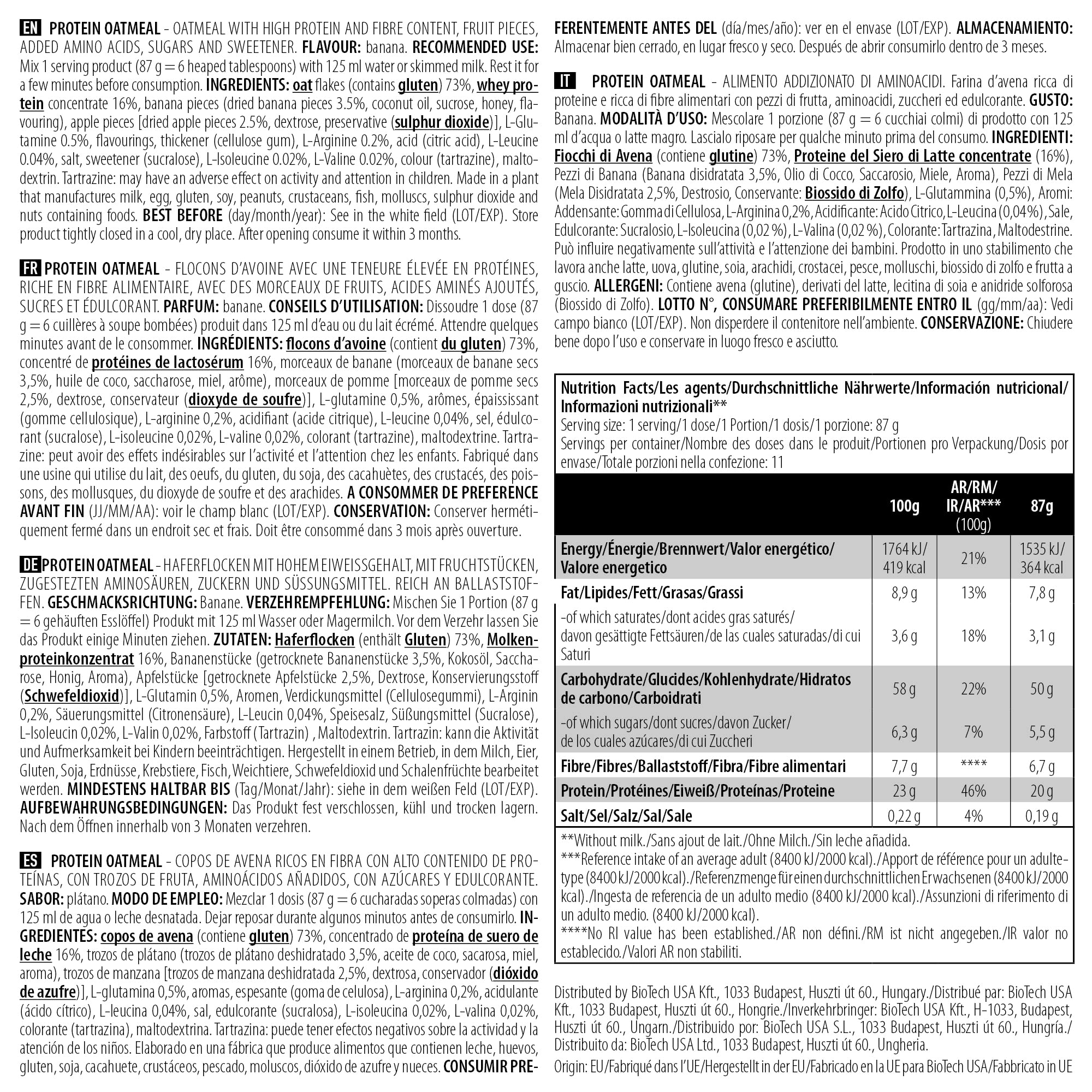 BioTechUSA Protein Oatmeal Repas fonctionnel, riche en protéines et fibres de flocons d’avoine, avec fruits secs, avec édulcorant, 1 kg, Banane
