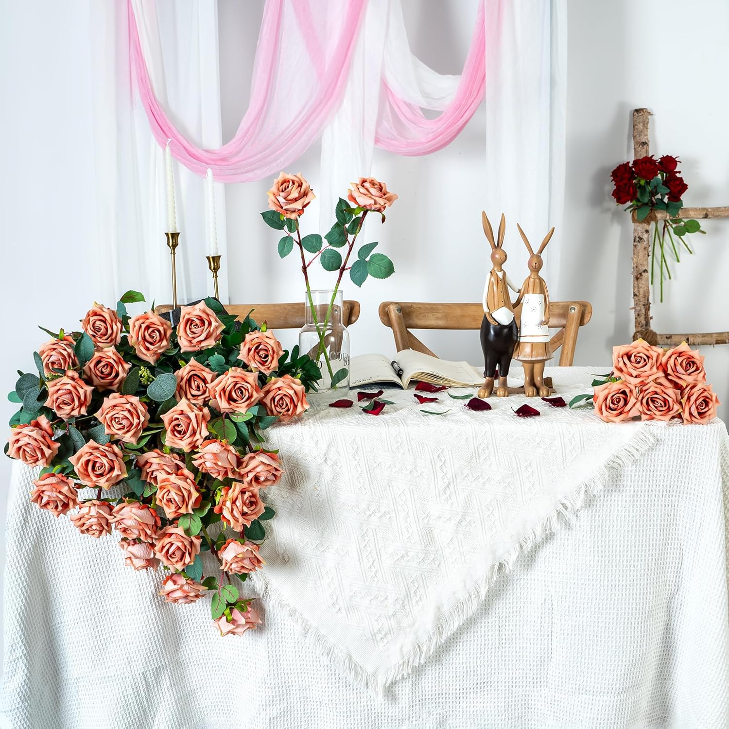 Fake Roses Faux Flowers Silk Roses Artificial Roses with Stems Realistic Artificial Flowers Suitable for Indoor Home Decoration Diy Bouquet Wedding Decoration Party Decor 24PCS Khaki 16.5In