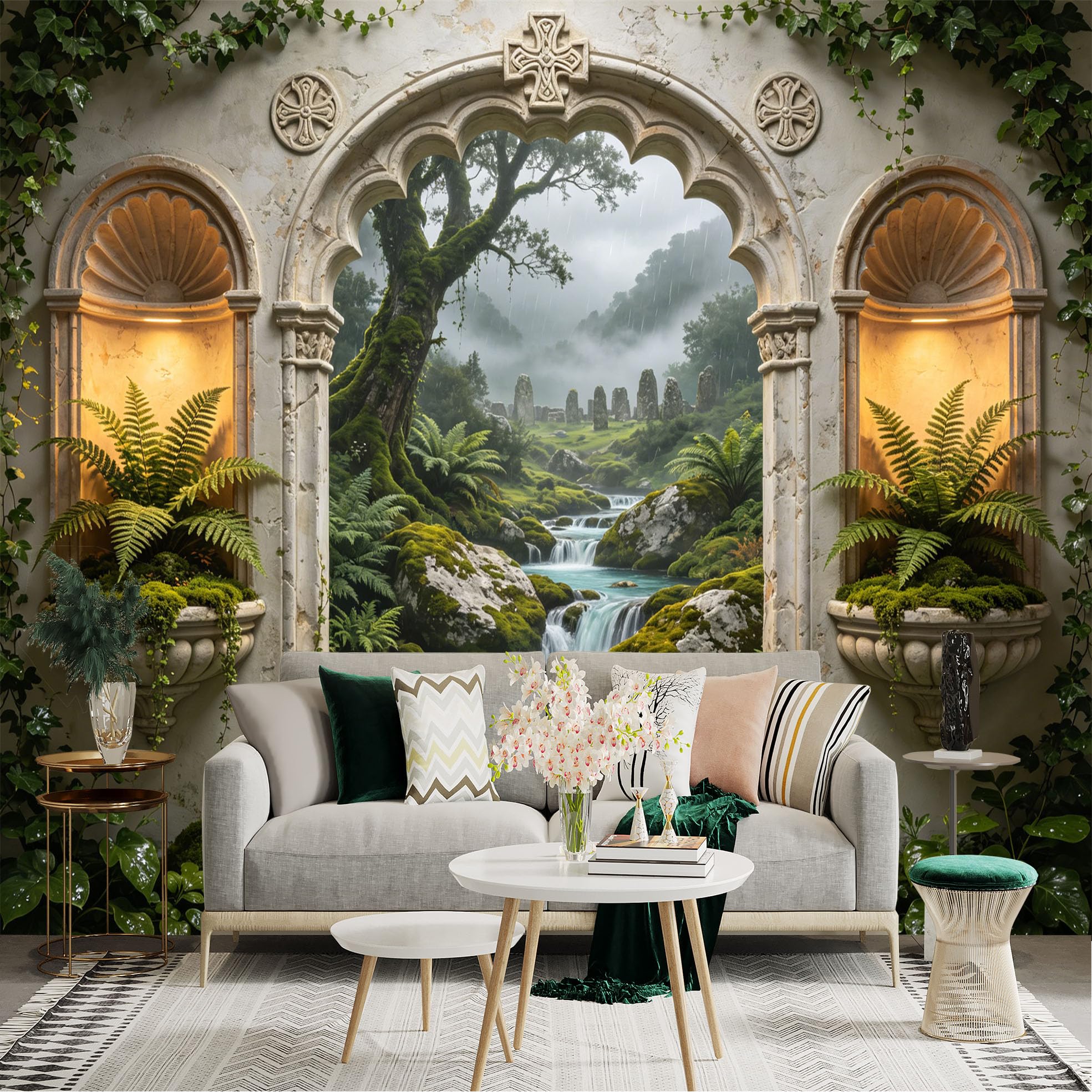 Custom Size Wall Sticker Mural， Fantasy Garden with Waterfall， Stone Arch and Ferns， for wall Decoration， peelandstick wall Decals.