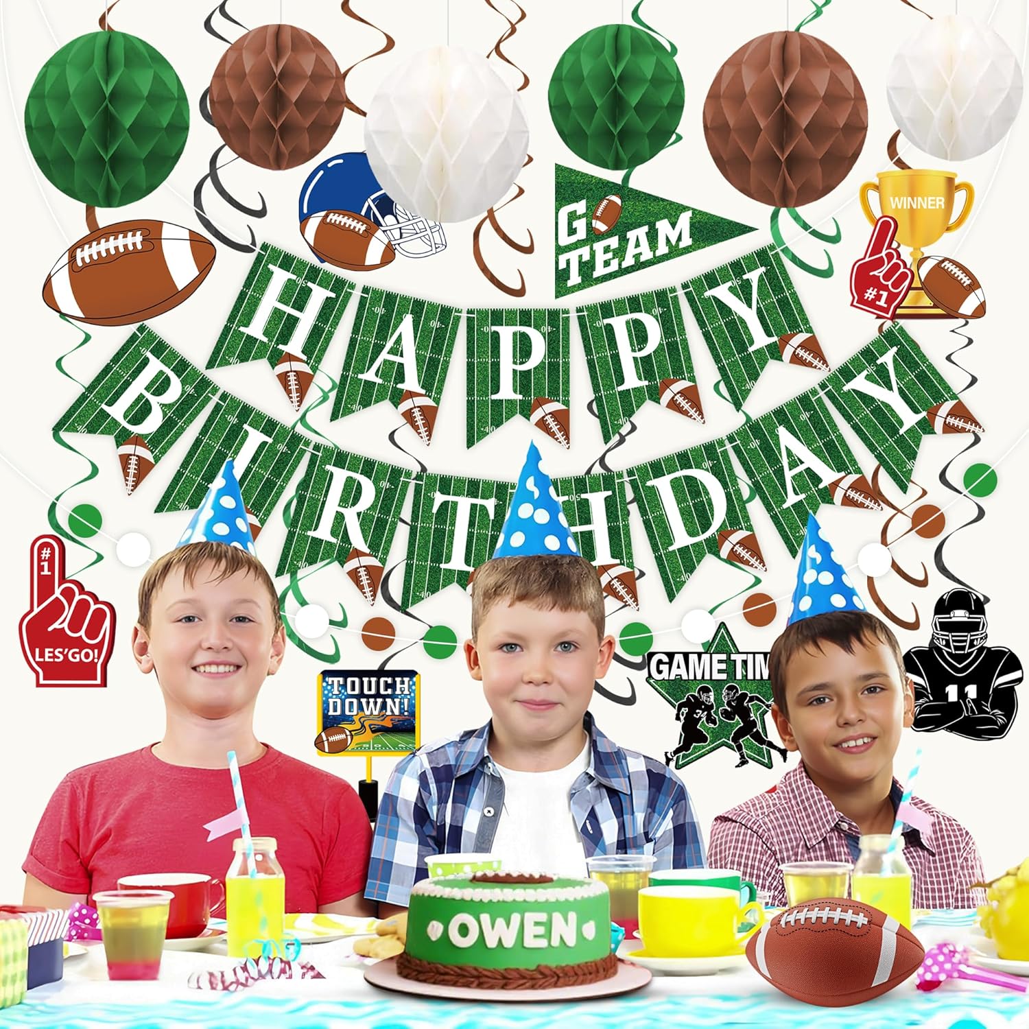 Football Birthday Party Decorations Pre-Strung Happy Birthday Banner Green Brown White Honeycomb Balls Football Themed Hanging Swirls Circle Dots Garland for Sport Football Birthdays Party Decor - Image 7
