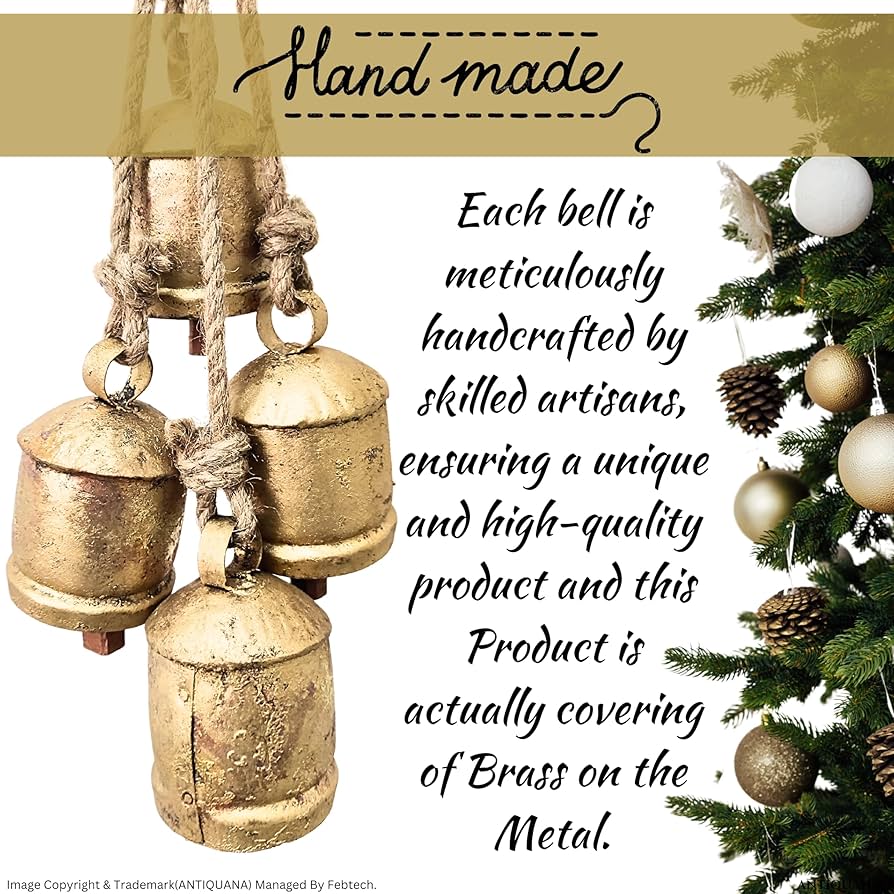 Set Of 5 Large XXL Farmhouse Bells - Vintage Style Harmony Shabby Chic Rustic Cow Bells For Christmas Decor - Gold On Rope - Decorative Hanging Ornaments