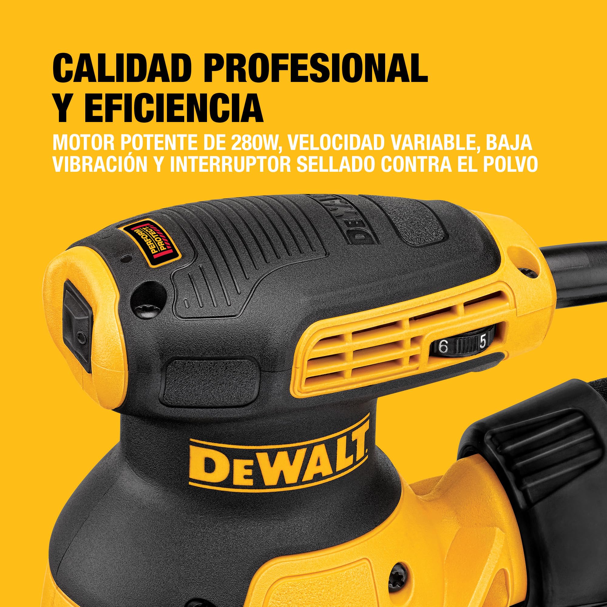 DEWALT Lijadora Rotorbital 280W Ø125mm, 8,000-12,000 OPM, Motor Velocidad Variable, Diseño Compacto, Baja Vibración para Uso Prolongado, DWE6423-QS