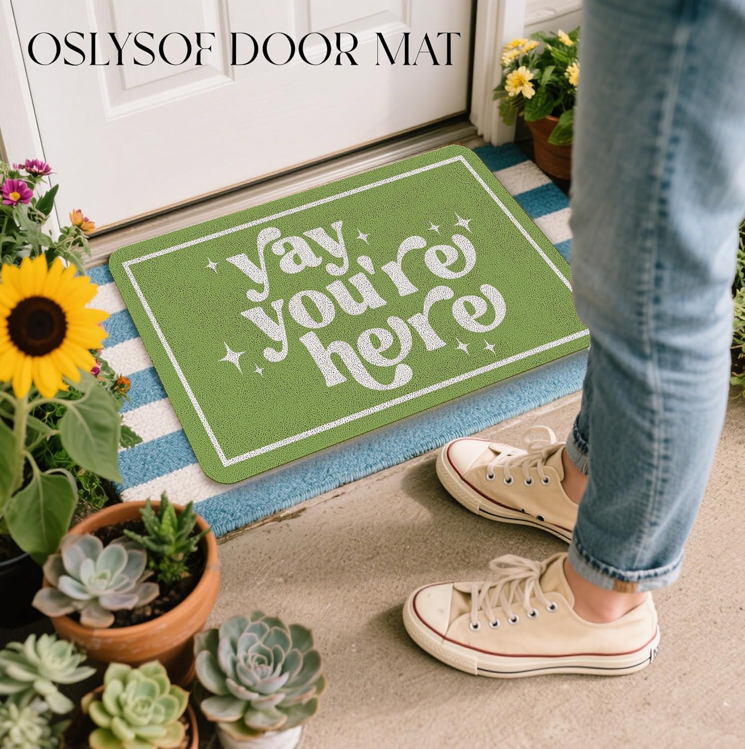 Funny Green Door Mat, Yay You're Here Doormat for Front Door Indoor Outdoor Porch Entrance Entryway, Funny Welcome Mat Outside, 17x30 Inches