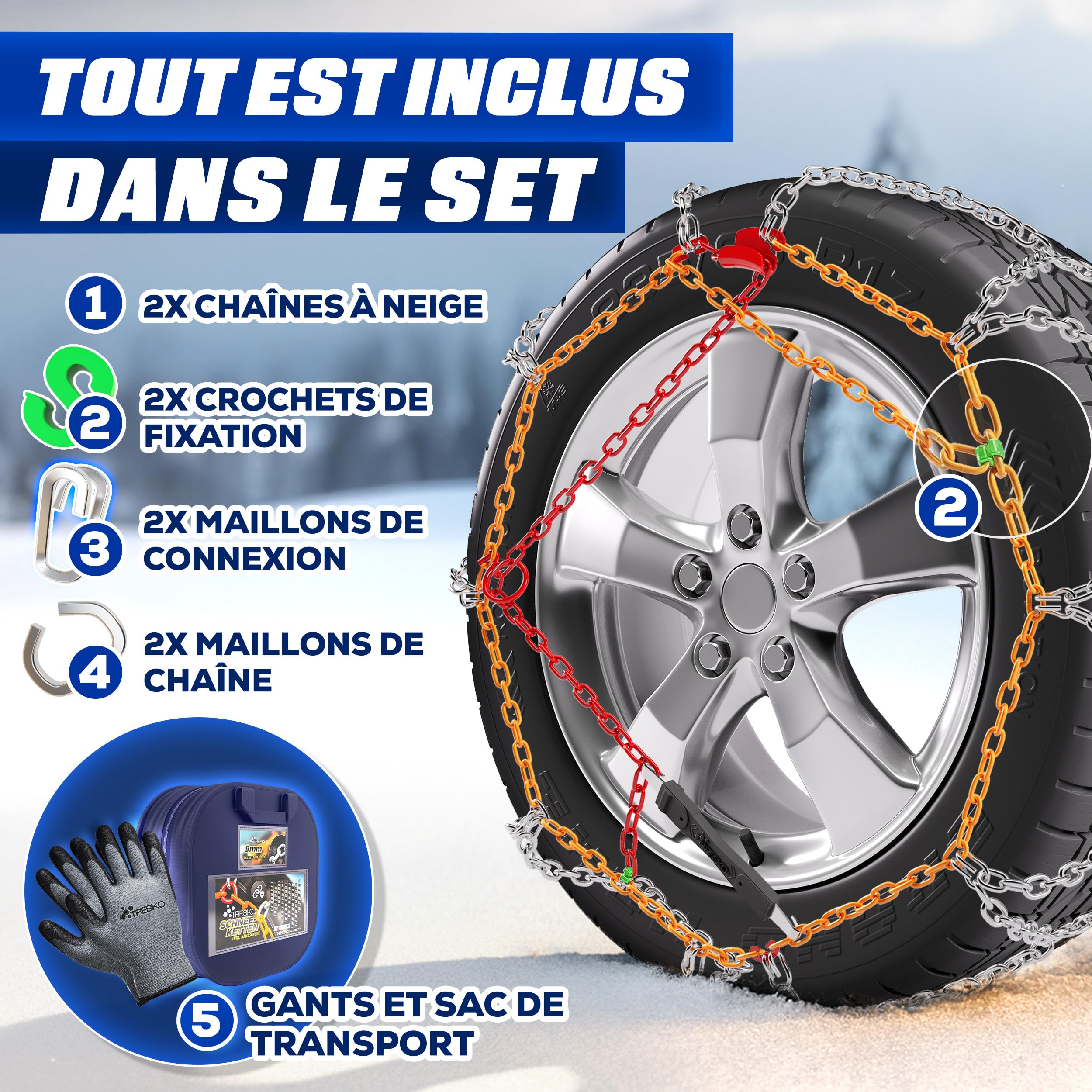 TRESKO® Lot de 2 chaînes à neige pour voiture avec gants et boîte de rangement | Chaînes à neige en métal pour voiture | Chaînes à neige EN 16662-1 & ÖNORM V5117 | Montage rapide | Pour avant, arrière