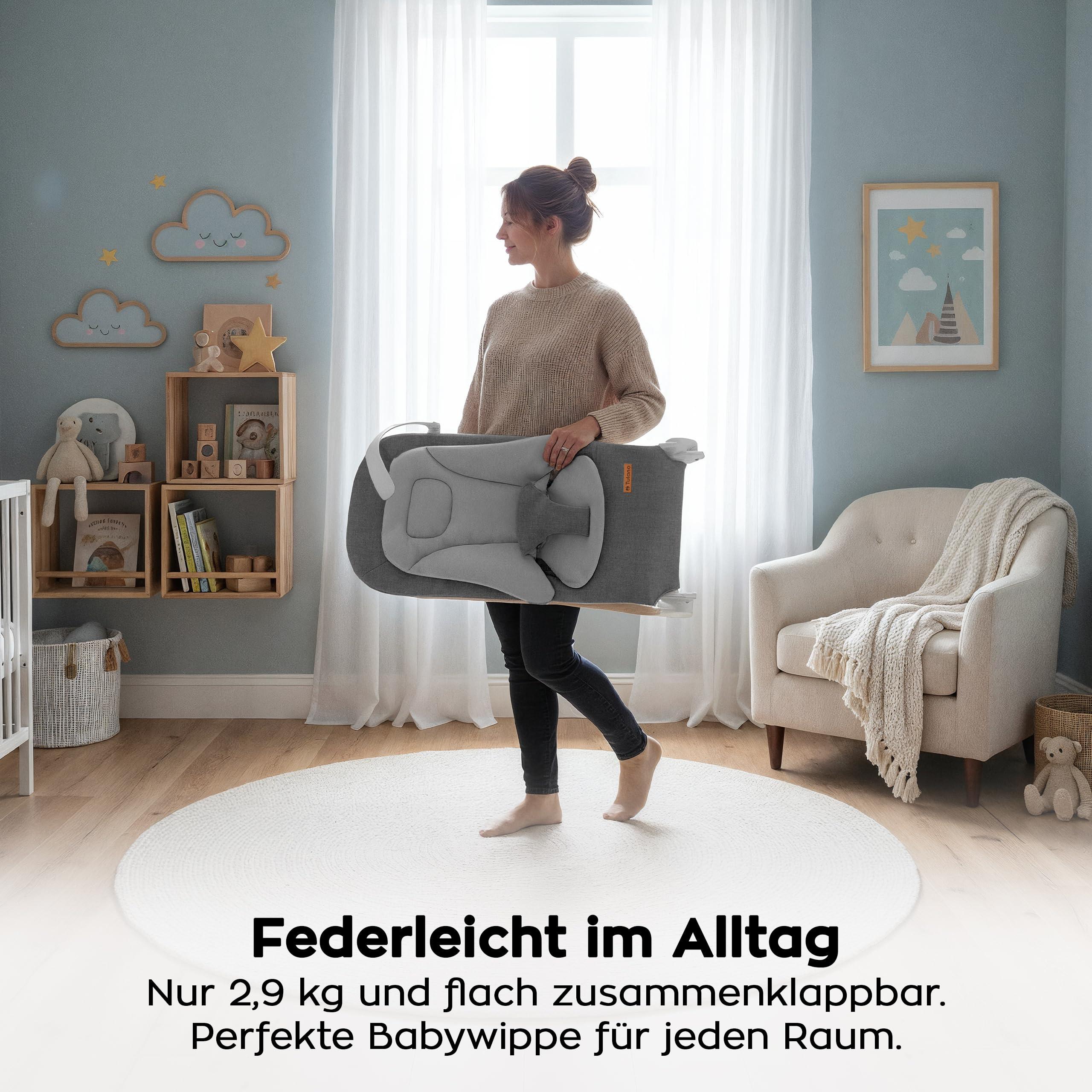 Tulano Moon 50 Babywippe – Babyschaukel mit Spielbogen Baby – 4 Positionen | Baby Wippe ab Geburt – natürliches Wippen – 3-Punkt-Gurt – UltraSoft-Matratze – Bezug waschbar – faltbar – Grau